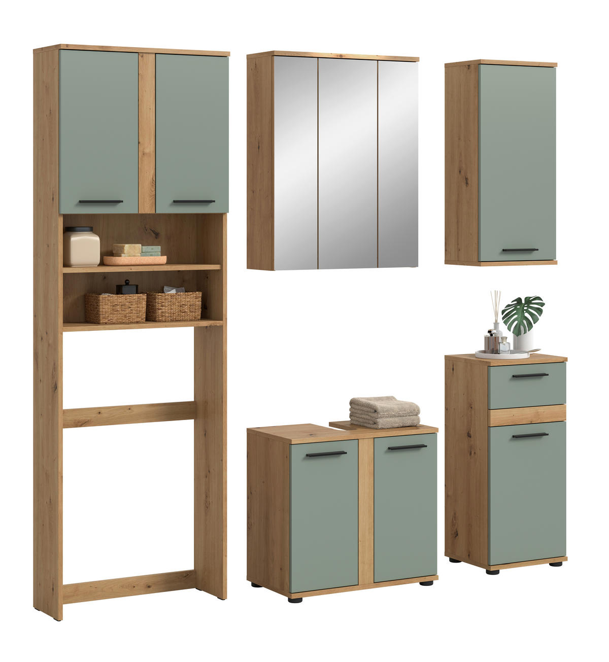 BADEZIMMER 5-teilig  in 188 cm  - Salbeigrün/Schwarz, Trend, Glas/Holzwerkstoff (188cm) - MID.YOU