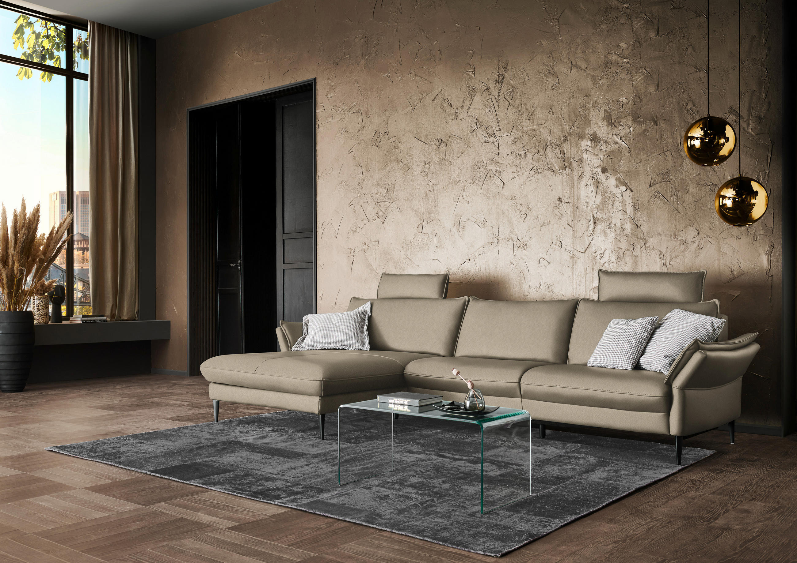 ECKSOFA in Echtleder Greige  - Greige/Schwarz, Design, Leder/Metall (172/334cm) - Hukla