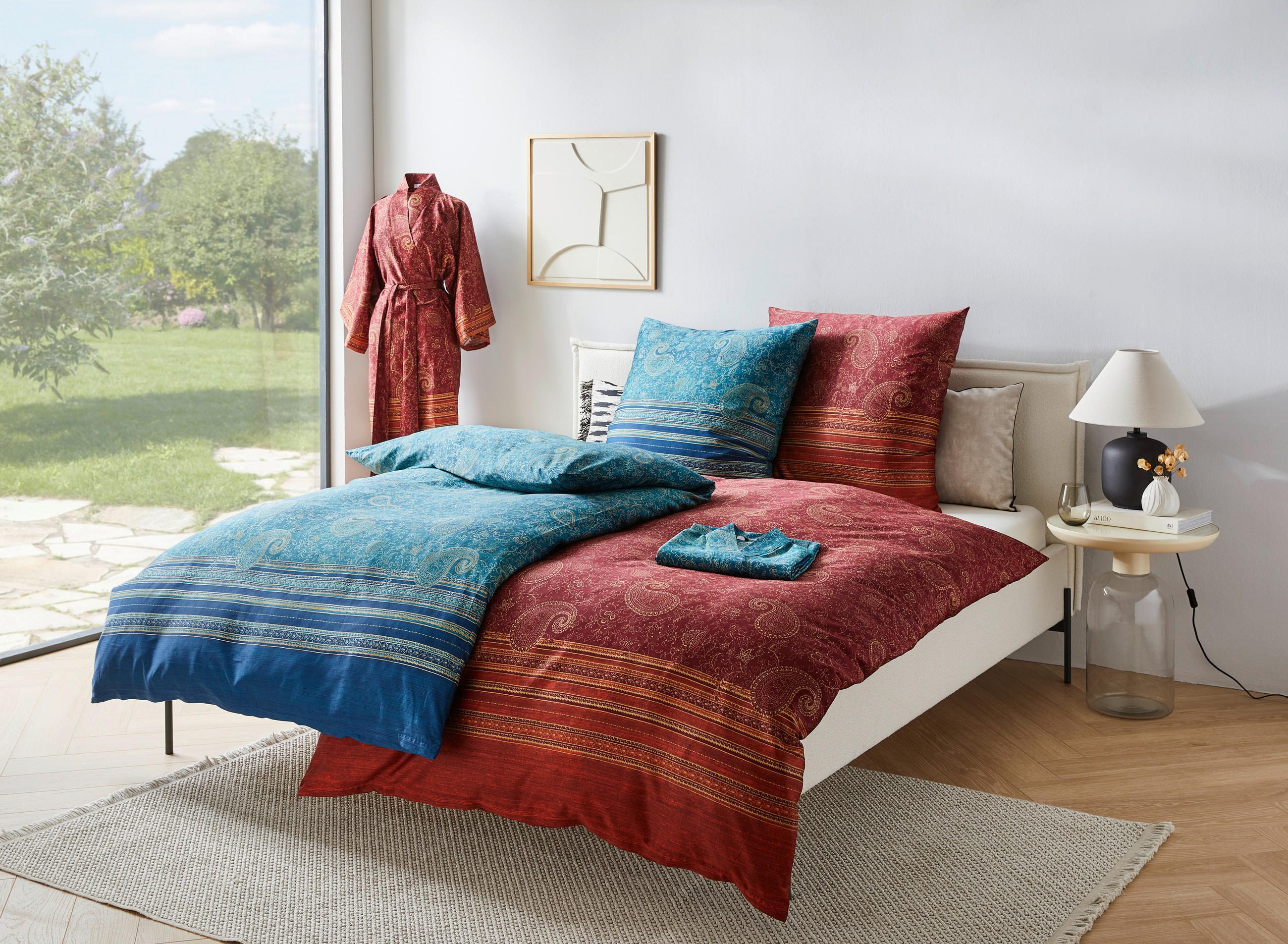 WENDEBETTWÄSCHE Moumbay T1 Makosatin 155/220 cm  - Türkis/Blau, LIFESTYLE, Textil (155/220cm) - Bassetti