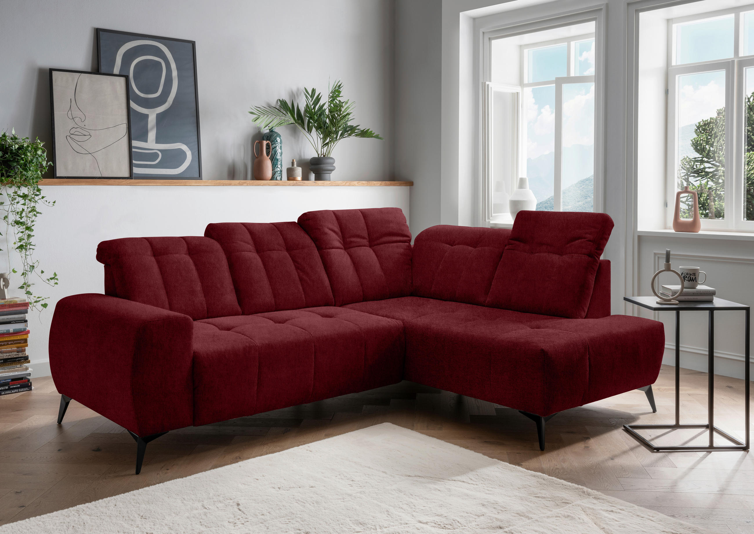 ECKSOFA in Mikrofaser Bordeaux - Bordeaux/Schwarz, Modern, Textil/Metall (261/200cm) - Livetastic