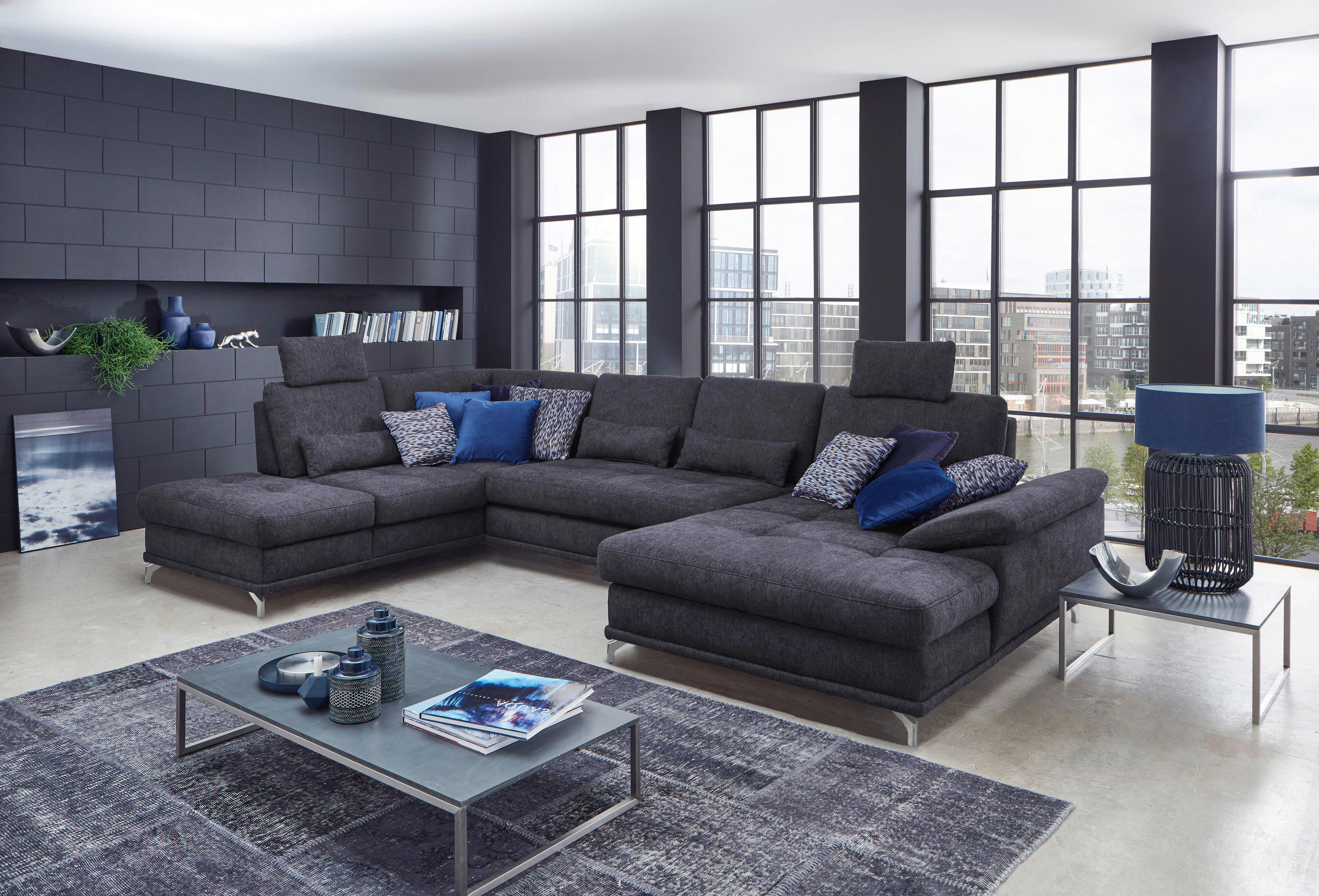 WOHNLANDSCHAFT in Flachgewebe Dunkelblau  - Silberfarben/Dunkelblau, Konventionell, Textil/Metall (223/363/176cm) - Sit & More