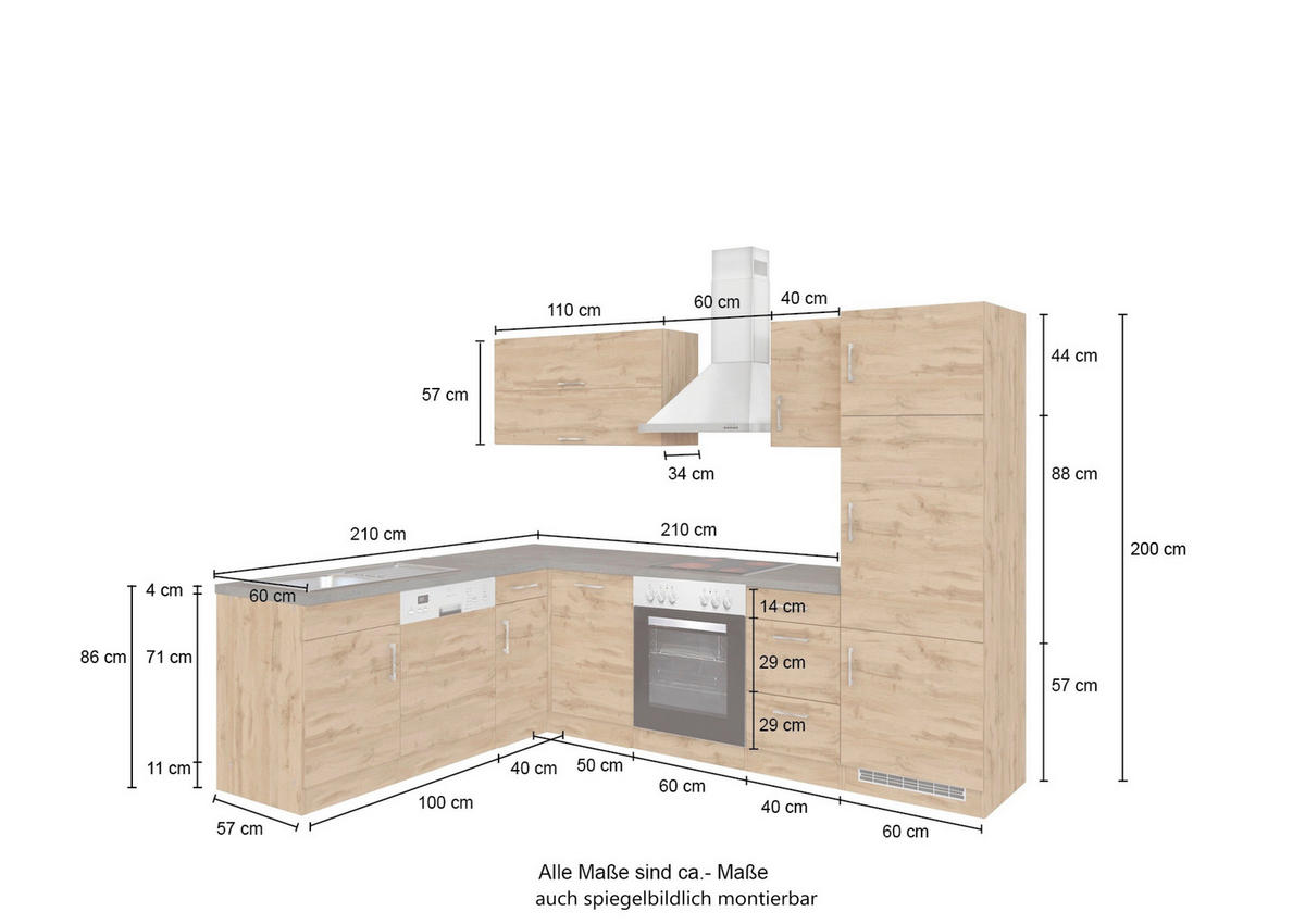 CUISINE D'ANGLE 210/270 cm  in couleur de chêne  - couleur de chêne/anthracite, Modern, matériau de bois (210/270cm) - Held