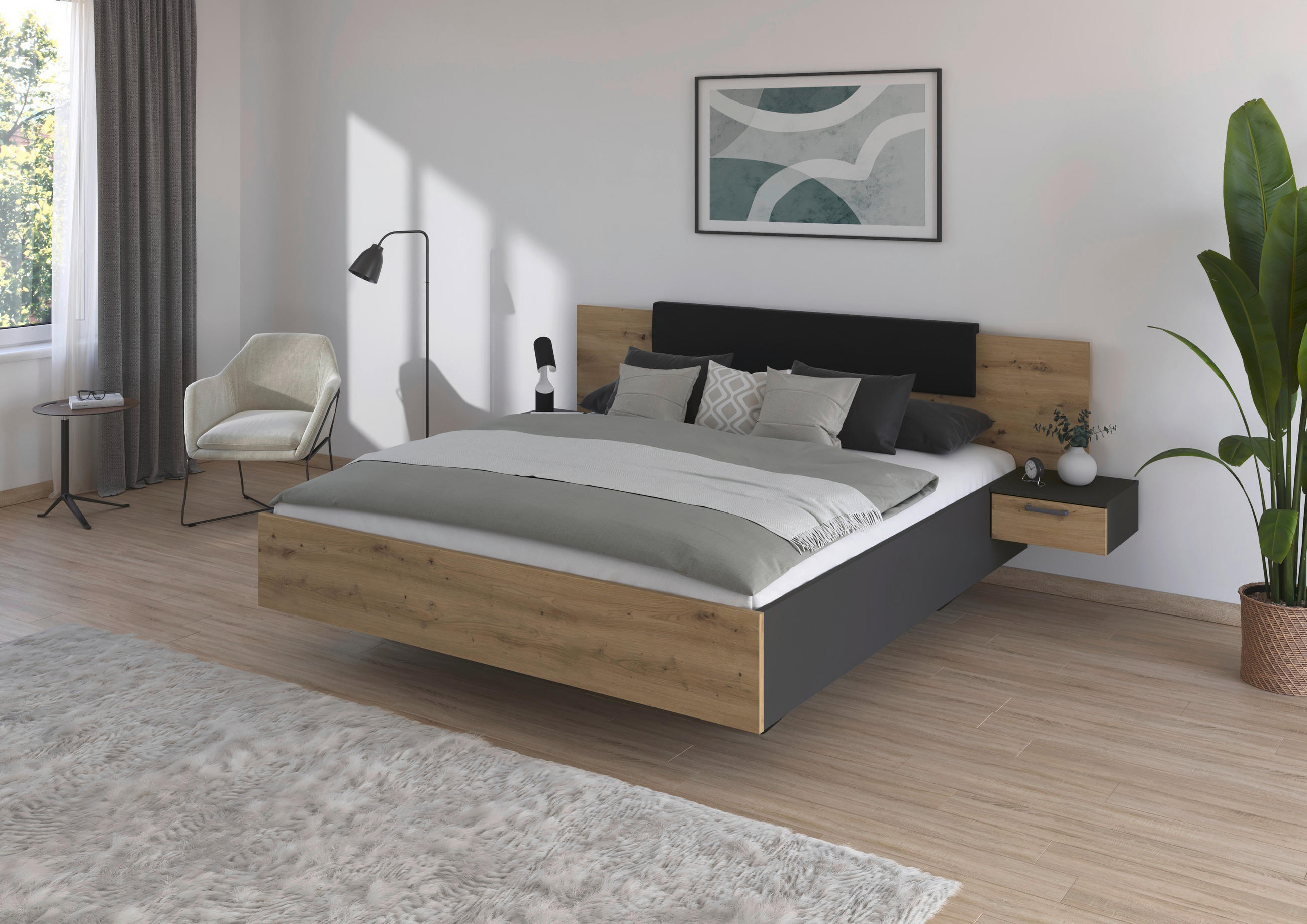BETTANLAGE 180/200 cm  in Grau, Eiche Artisan  - Eiche Artisan/Grau, MODERN, Holzwerkstoff (180/200cm) - Rauch Möbel