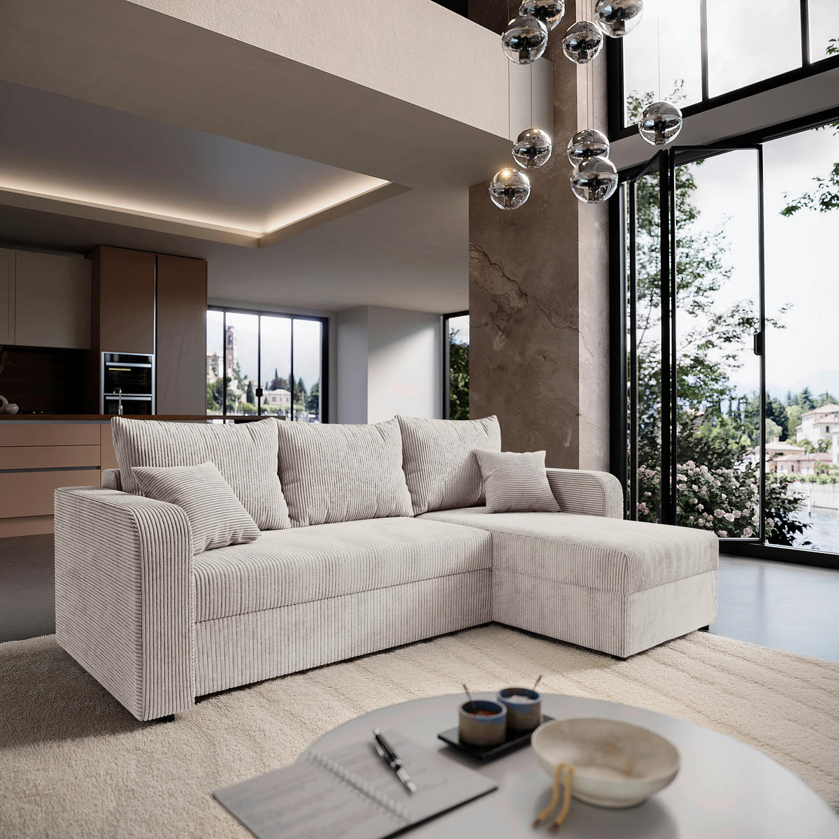 ECKSOFA Naturfarben Cord  - Schwarz/Naturfarben, KONVENTIONELL, Kunststoff/Textil (140/240cm) - Carryhome