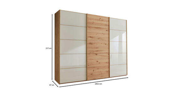 SCHWEBETÜRENSCHRANK  in Champagner, Eiche Bianco  - Eiche Bianco/Champagner, Natur, Glas/Holz (250/217/67cm) - Linea Natura