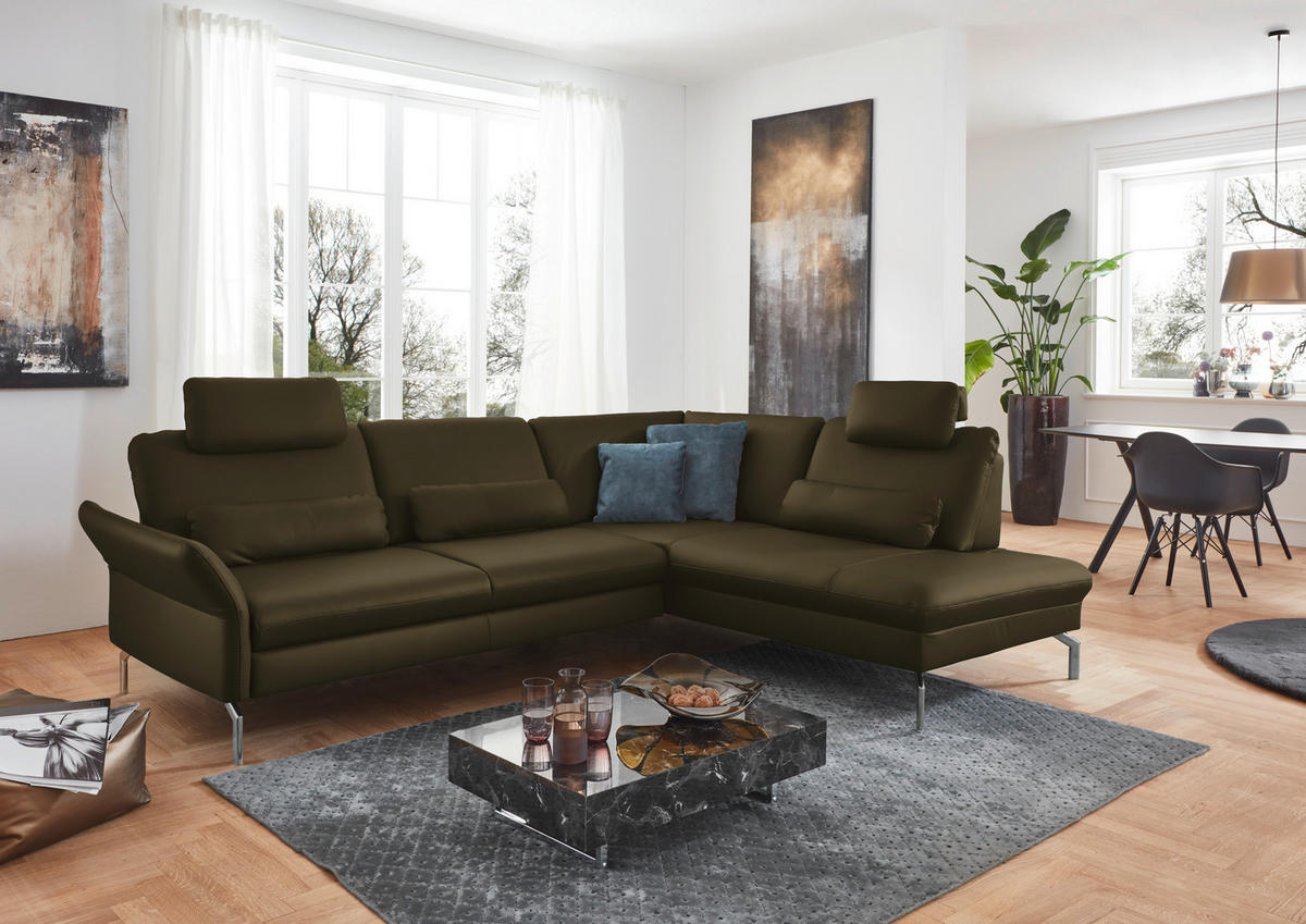 ECKSOFA in Echtleder Dunkelgrün  - Dunkelgrün/Alufarben, Konventionell, Leder/Metall (284/220cm) - Beldomo Premium