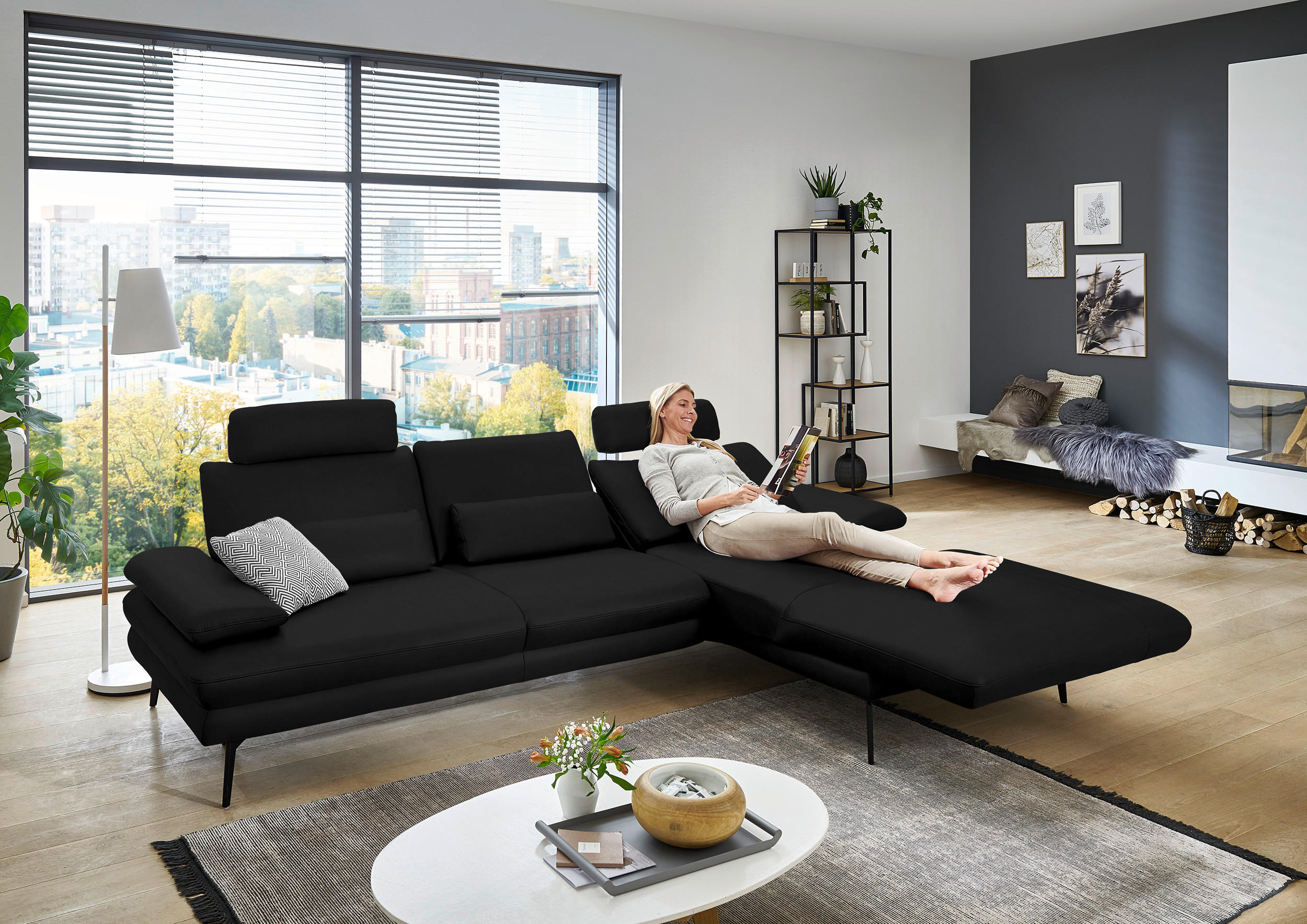 ECKSOFA in Echtleder Schwarz  - Schwarz, Design, Leder/Metall (310/180cm) - Dieter Knoll