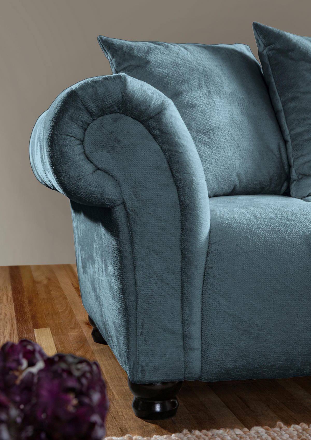 HÖRNSOFFA i plysch petrol  - petrol/mörkbrun, Klassisk, trä/textil (288/190cm) - MID.YOU