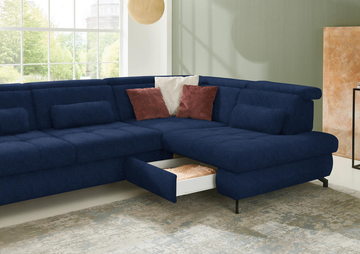 ECKSOFA in Chenille Dunkelblau  - Schwarz/Dunkelblau, Design, Textil/Metall (310/220cm) - Beldomo Style