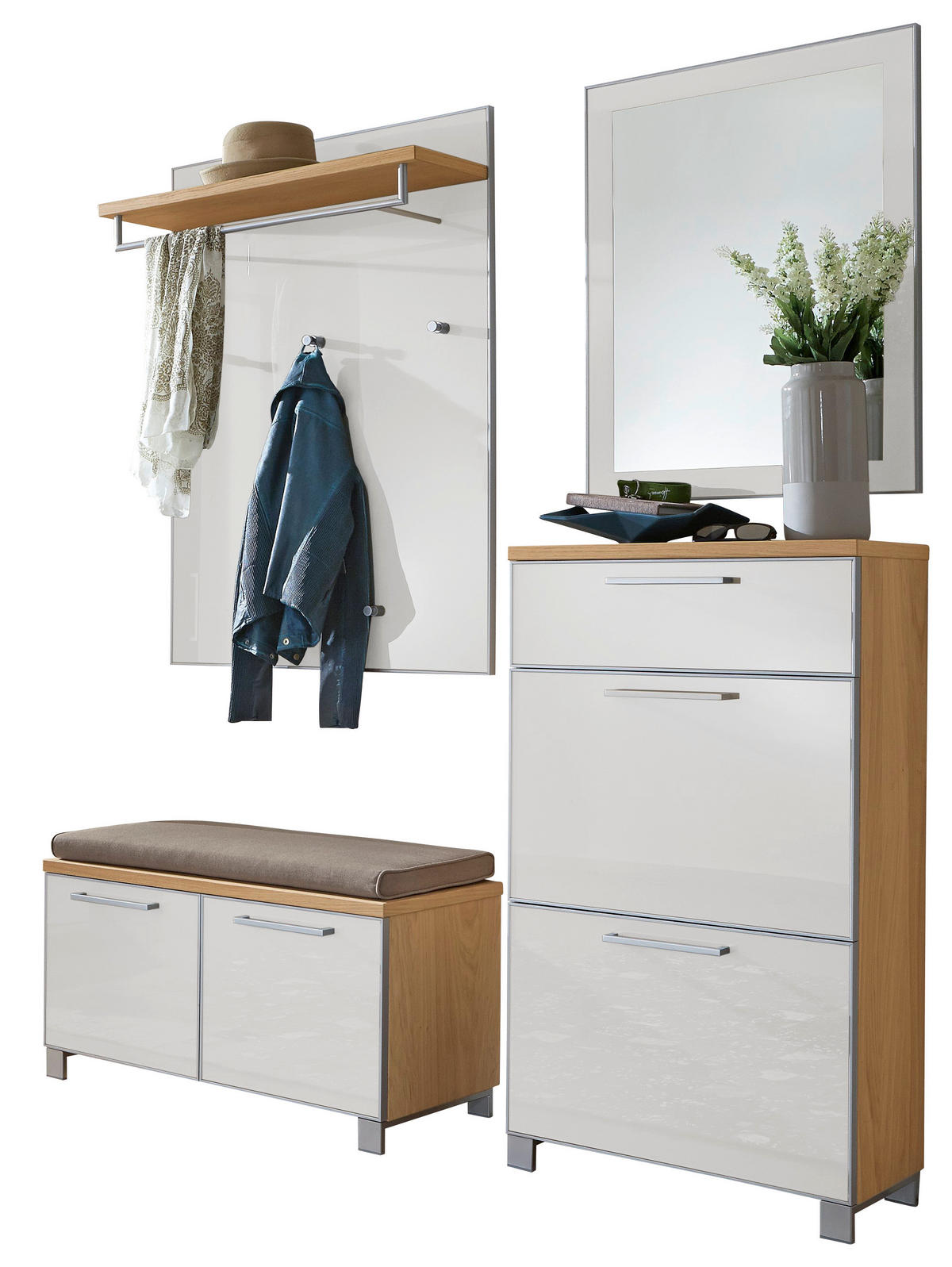 GARDEROBE 5-teilig  in 155/195/40 cm  - Weiss/Eichefarben, Design, Glas/Holz (155/195/40cm)