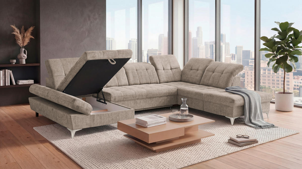 WOHNLANDSCHAFT Mikrovelours Beige  - Kaschmir/Beige, Modern, Kunststoff/Textil (169/348/245cm) - MID.YOU