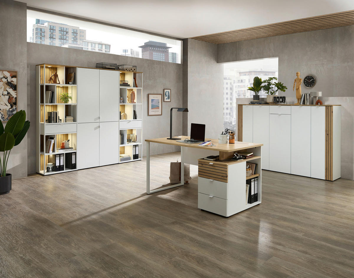 SCHREIBTISCH 150/77/73 cm Weiß, Eiche Artisan Kabeldurchlass, Stauraum  - Weiß/Eiche Artisan, KONVENTIONELL, Holzwerkstoff/Metall (150/77/73cm) - Voleo