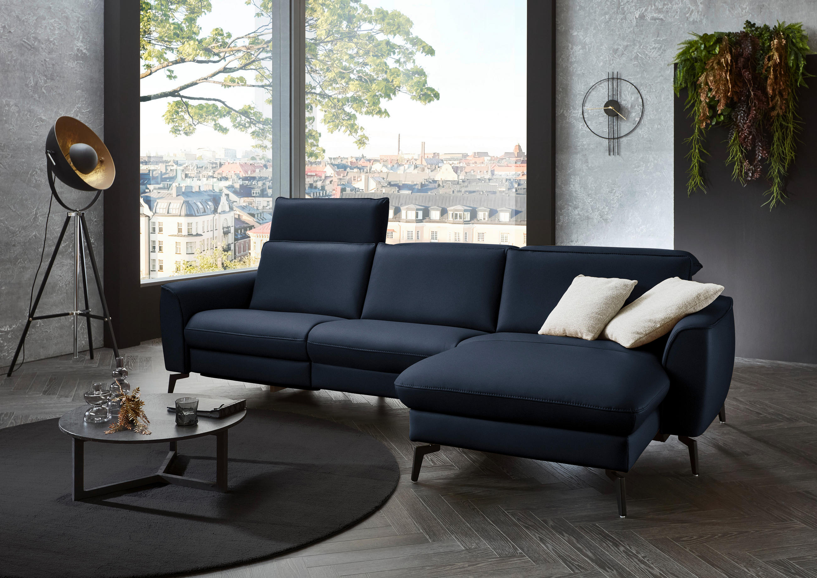 ECKSOFA in Echtleder Dunkelblau  - Schwarz/Dunkelblau, Natur, Leder/Metall (281/168cm) - Valdera