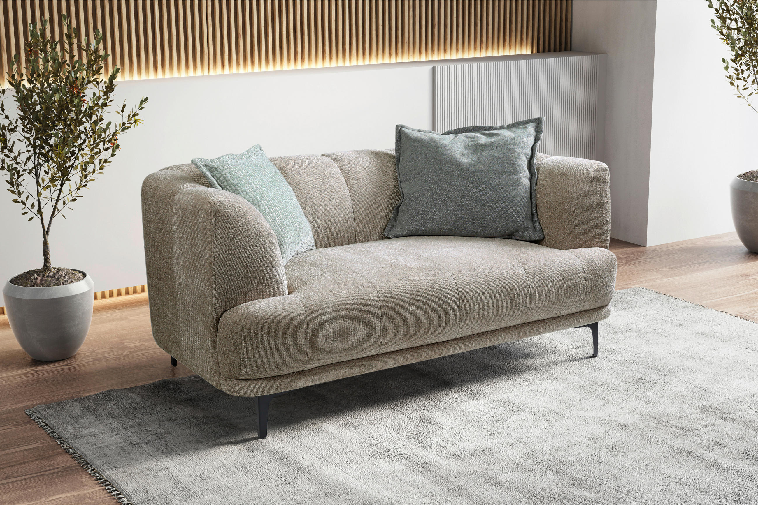 2-SITZER-SOFA Flachgewebe Taupe  - Taupe/Schwarz, Design, Textil/Metall (166/77/106cm) - MID.YOU