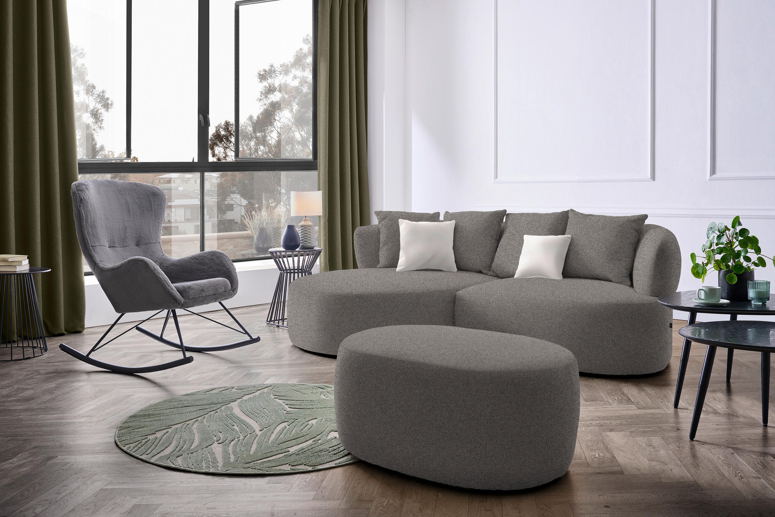 ECKSOFA in Plüsch Graphitfarben  166/235 cm  - Creme/Schwarz, MODERN, Kunststoff/Textil (166/235cm) - Hom`in