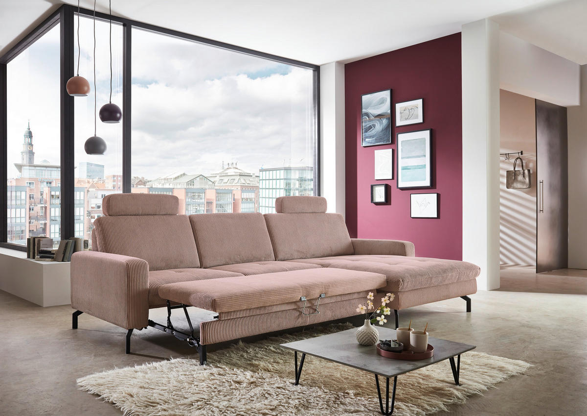 ECKSOFA in Cord Altrosa  - Schwarz/Altrosa, Design, Textil/Metall (302/178cm) - Beldomo Style