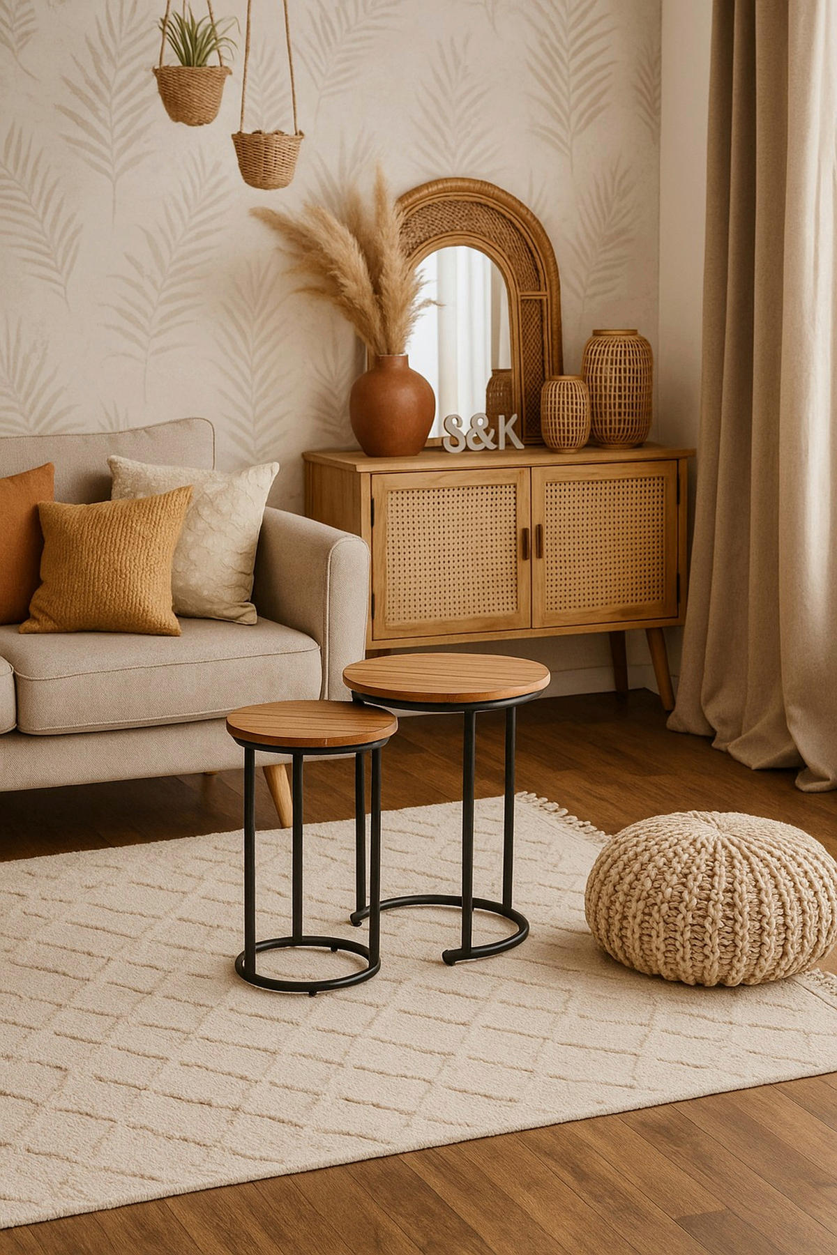 BEISTELLTISCHSET rund Braun  - Schwarz/Braun, Design, Holzwerkstoff/Metall (40/40/50cm) - MID.YOU