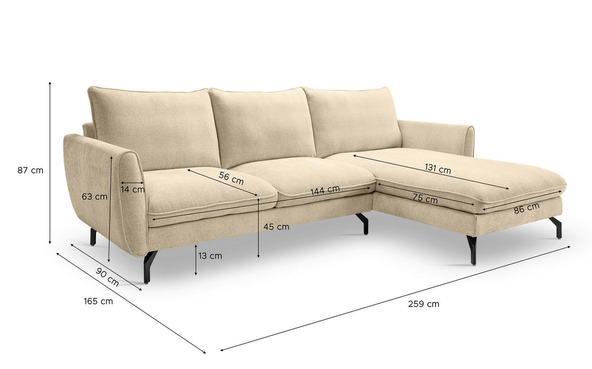 ECKSOFA TORONTO Beige Webstoff  - Beige/Schwarz, Basics, Textil/Metall (259/165cm) - MID.YOU