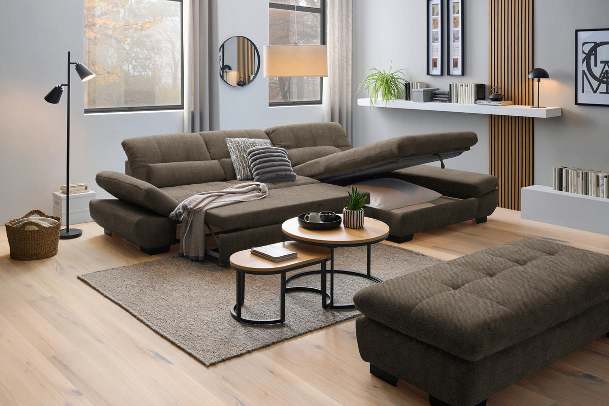 ECKSOFA  in Flachgewebe Braun  341/204 cm  - Schwarz/Braun, Design, Textil/Metall (341/204cm) - Xora