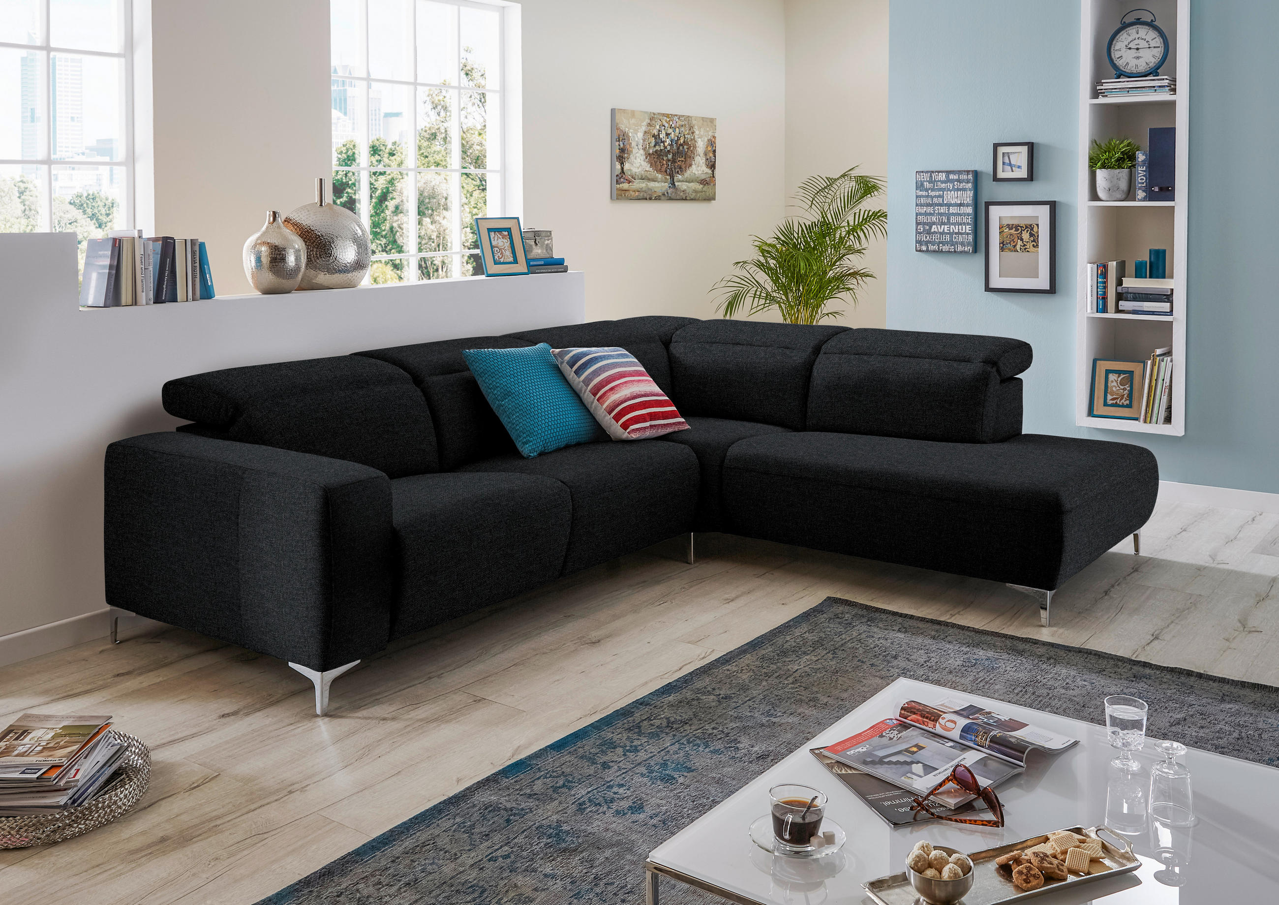 ECKSOFA Anthrazit Flachgewebe  - Anthrazit/Schwarz, Design, Textil/Metall (238/290cm) - Pure Home Lifestyle