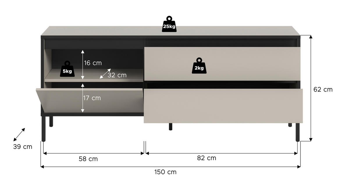 LOWBOARD  in 150/62/38 cm  - Kaschmir/Schwarz, Design, Holzwerkstoff/Metall (150/62/38cm) - Livetastic