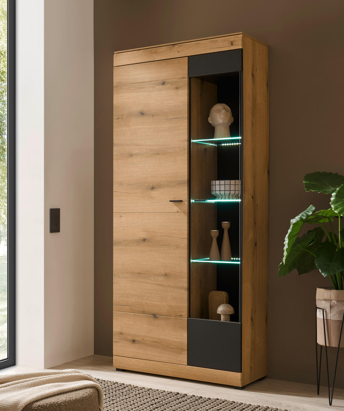 VITRINE  in Graphitfarben, Eichefarben - Eichefarben/Schwarz, Design, Holzwerkstoff/Metall (90/201/35cm) - MID.YOU