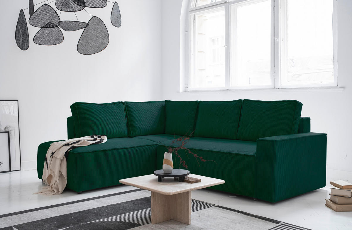 ECKSOFA in Cord Dunkelgrün  - Dunkelgrün/Schwarz, Design, Kunststoff/Textil (194/247cm) - MID.YOU