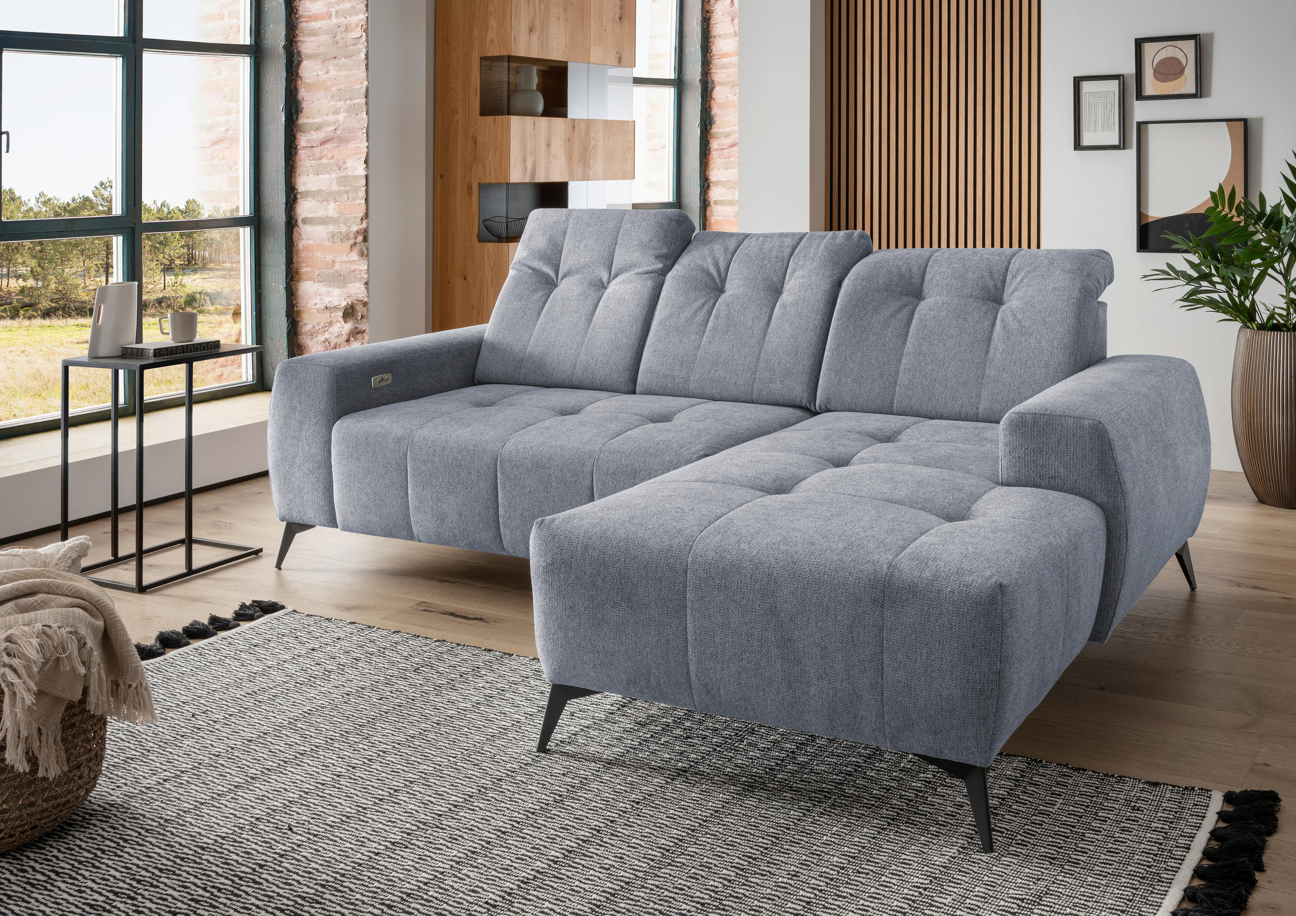 ECKSOFA in Chenille Hellblau - Schwarz/Hellblau, Modern, Textil/Metall (258/180cm) - Livetastic