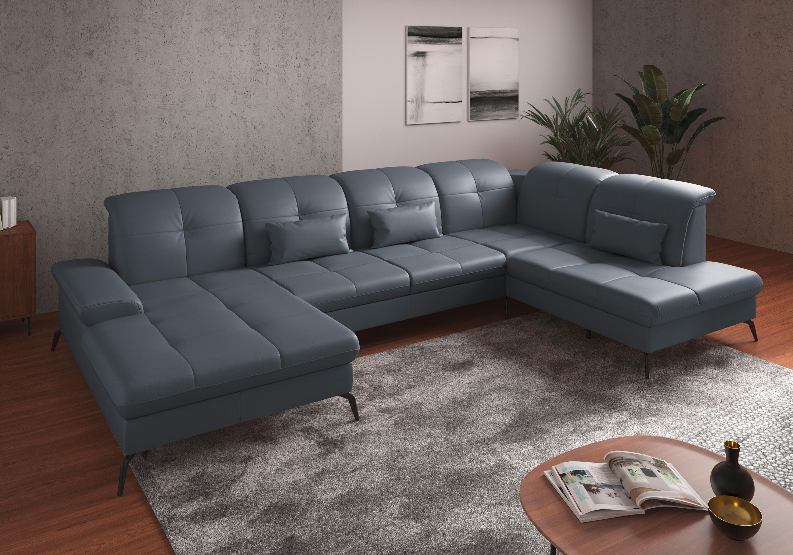 WOHNLANDSCHAFT Graublau Kombination Echtleder/Stoff Vliesstoff  - Graublau/Schwarz, KONVENTIONELL, Leder/Textil (185/357/231cm) - Sit & More