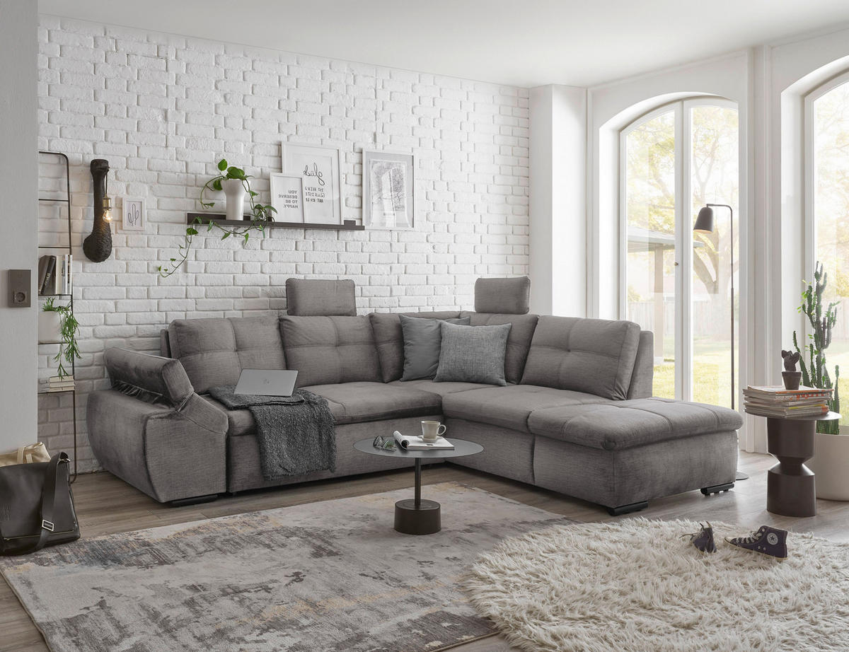 ECKSOFA in Mikrovelours Hellgrau  - Hellgrau/Schwarz, Konventionell, Kunststoff/Textil (265/217cm) - Carryhome