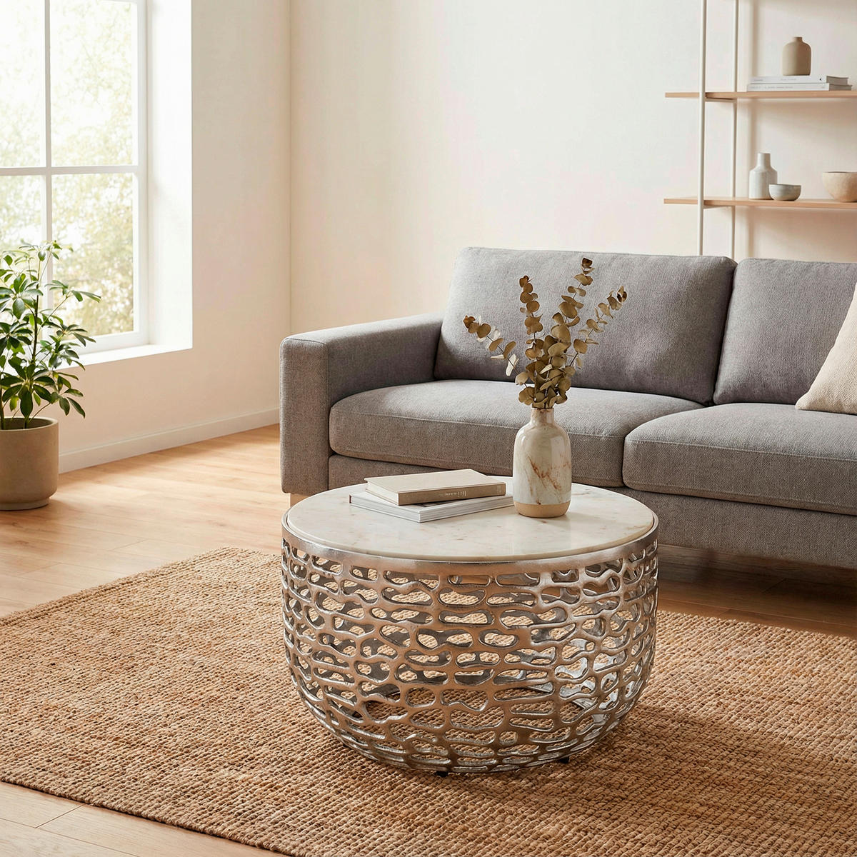 COUCHTISCH 60/60/35 cm rund Silberfarben  - Silberfarben, Design, Stein/Metall (60/60/35cm) - Livetastic