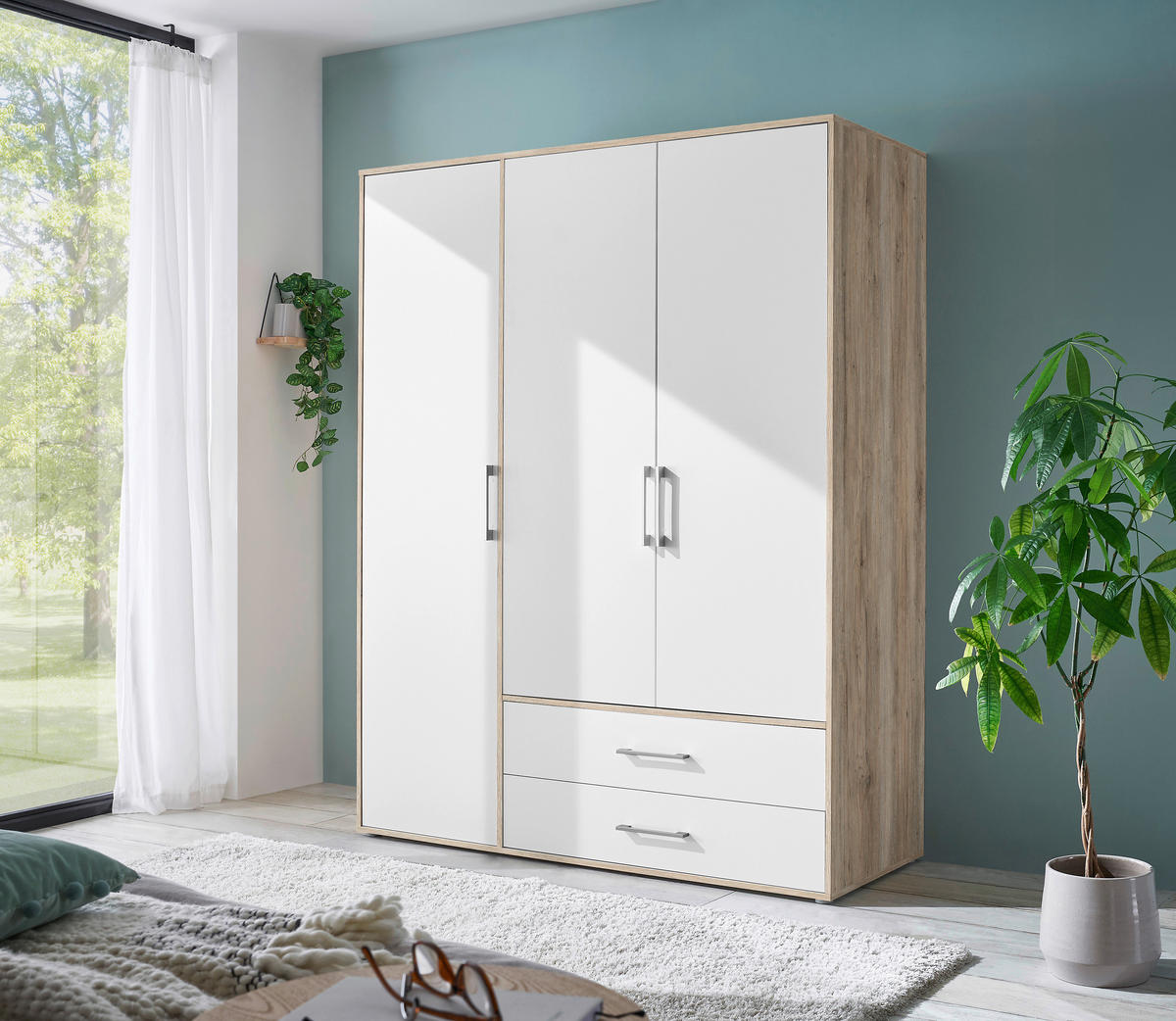 KLEIDERSCHRANK 155/195/60 cm 3-türig Weiß, Eiche San Remo  - Alufarben/Weiß, KONVENTIONELL, Holzwerkstoff/Kunststoff (155/195/60cm) - Boxxx