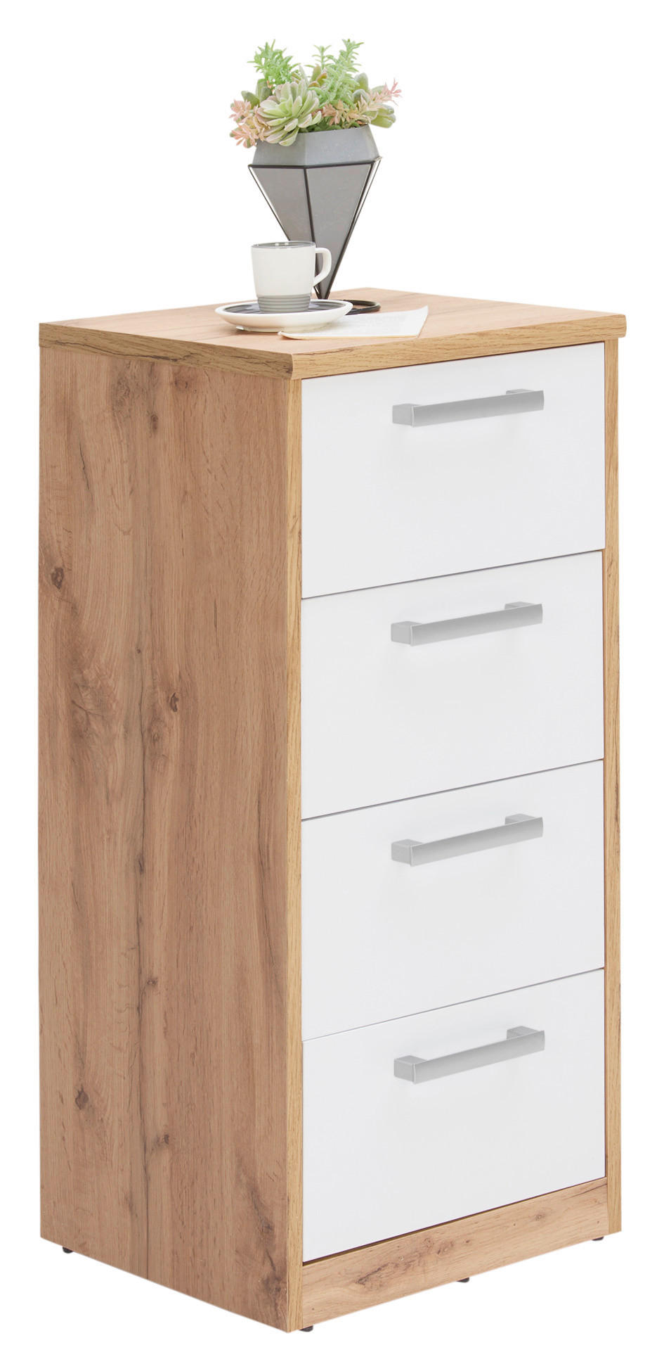 KOMMODE Weiß, Eichefarben - Eichefarben/Silberfarben, Basics, Kunststoff (38/84/36cm) - Xora