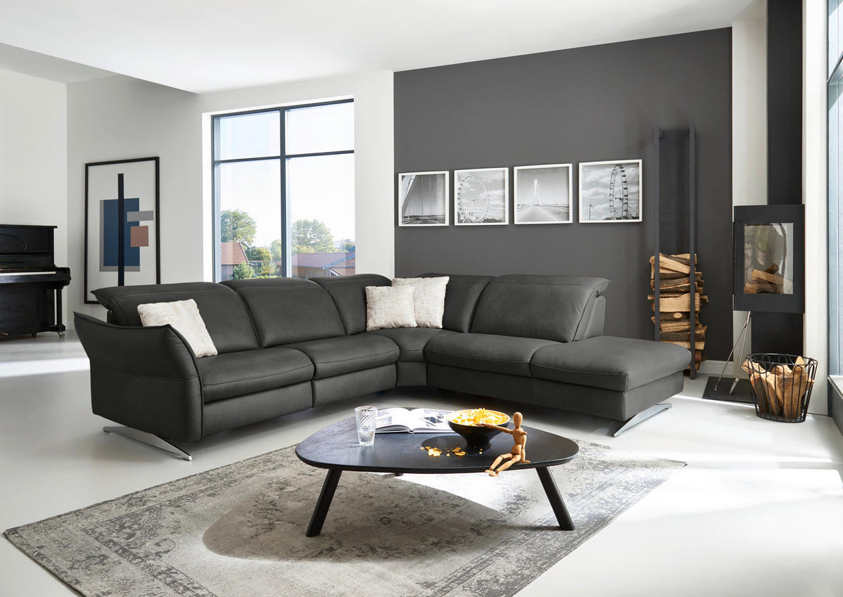 ECKSOFA Schwarz Echtleder  - Edelstahlfarben/Schwarz, Design, Leder/Metall (292/258cm) - Hukla