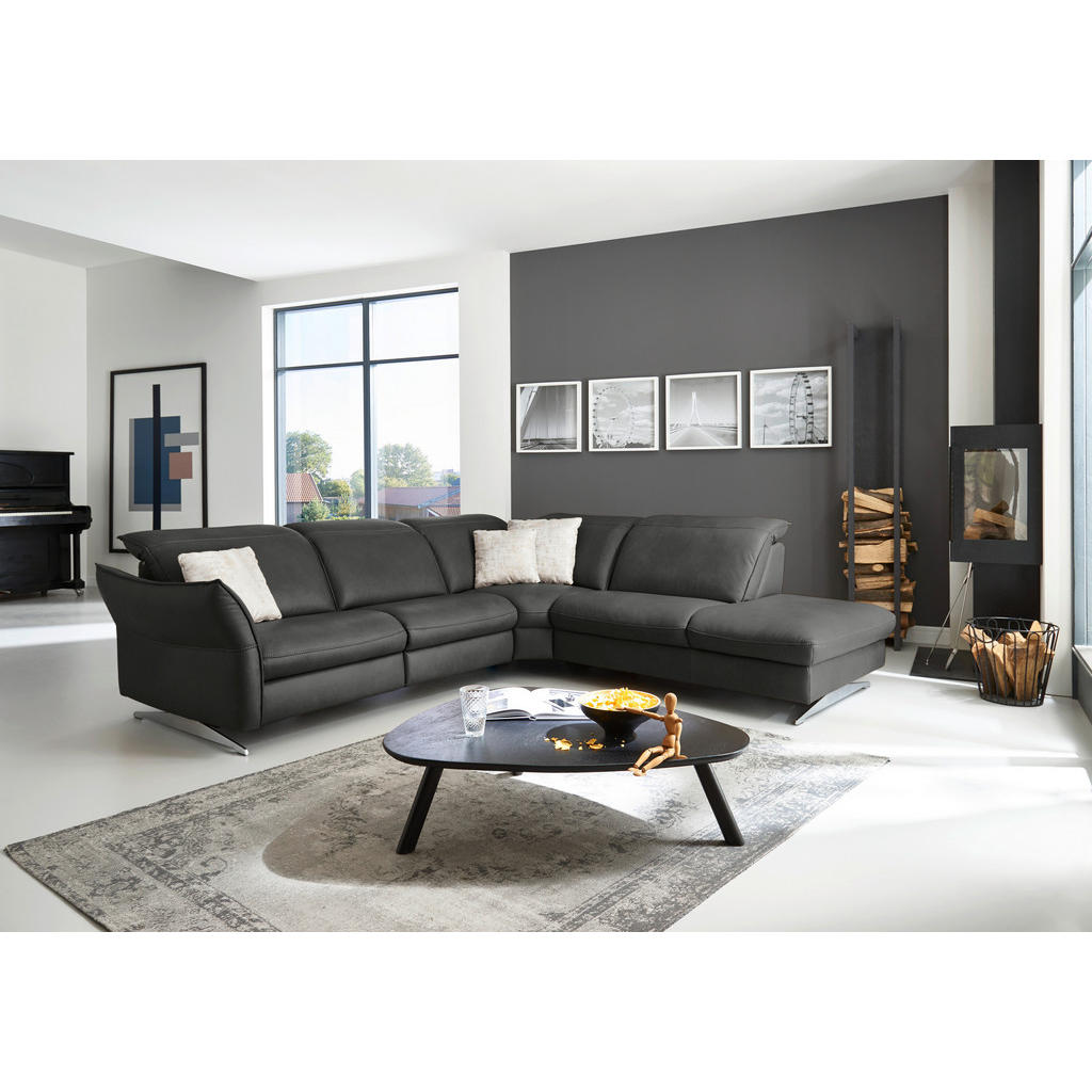 Thumbnail - Hukla Ecksofa Valdera, Schwarz, Leder, Echtleder, Semi-Anilinleder, 4-Sitzer, Ottomane rechts, Eckteil, L-Form, 292x258 ...