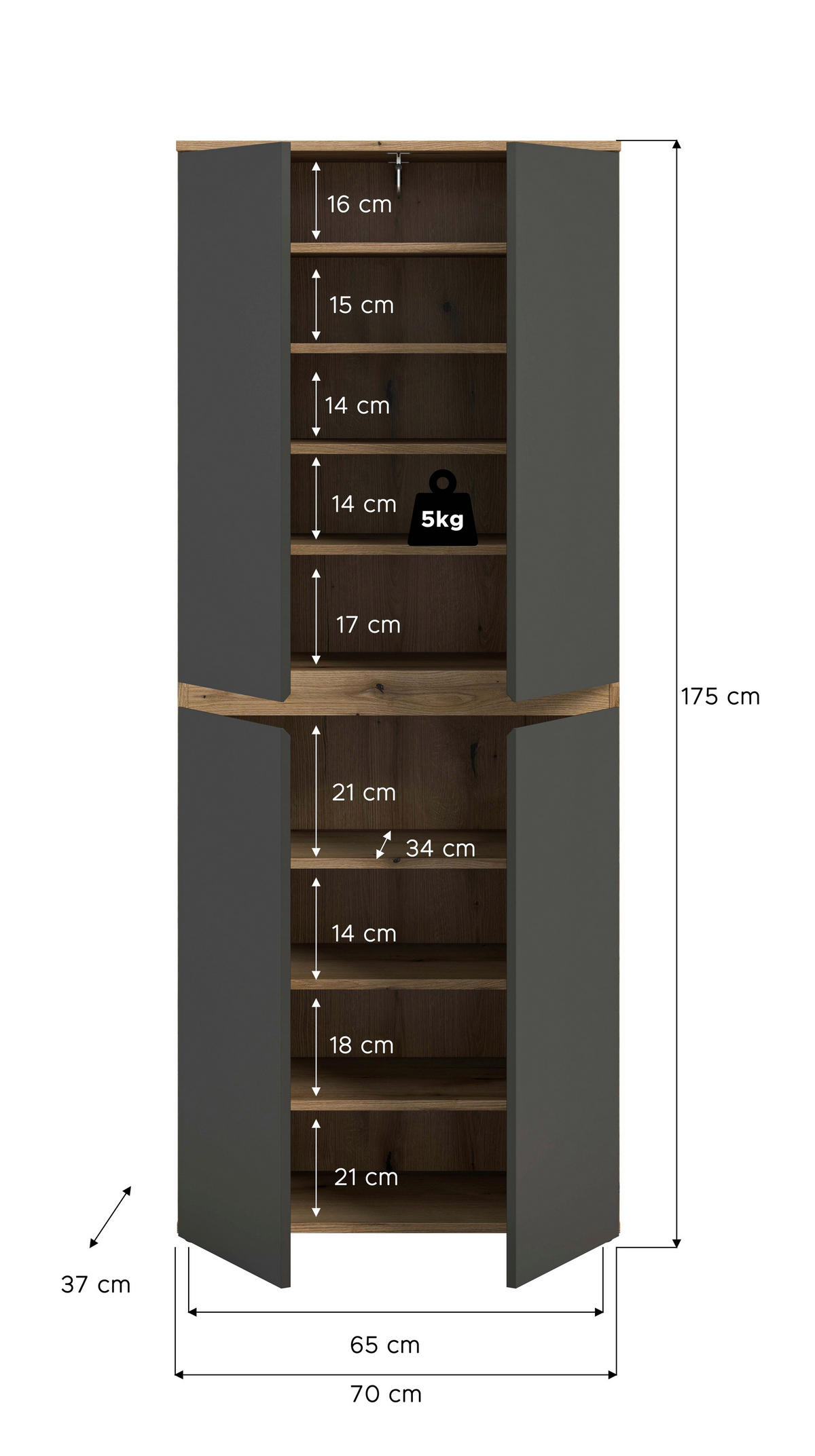 GARDEROBENSCHRANK  in 70/175/37 cm  - Eichefarben/Anthrazit, Design, Holzwerkstoff/Kunststoff (70/175/37cm) - Livetastic