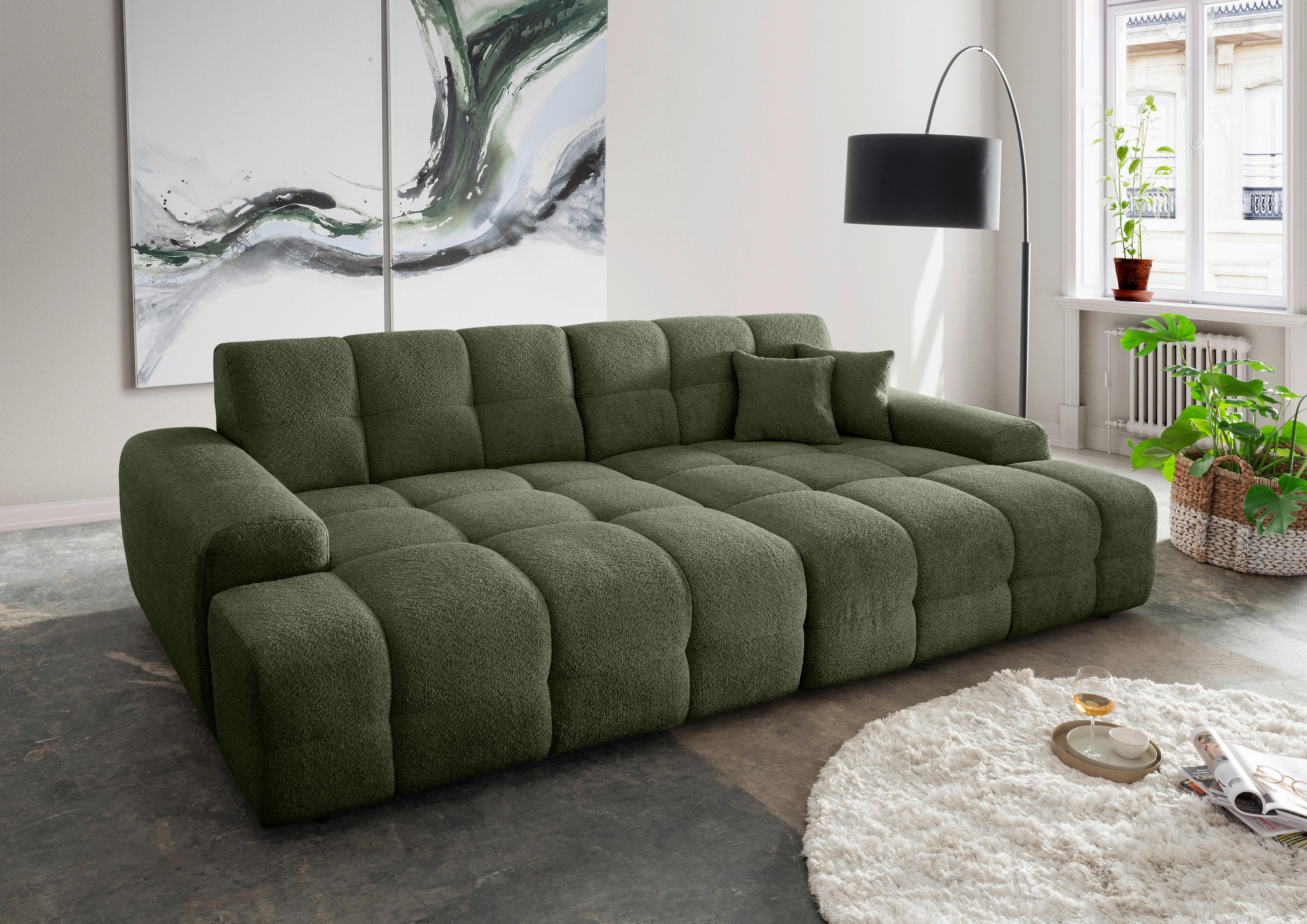 BIGSOFA in Bouclé Waldgrün  - Waldgrün/Schwarz, MODERN, Kunststoff/Textil (304/87/155cm) - Livetastic