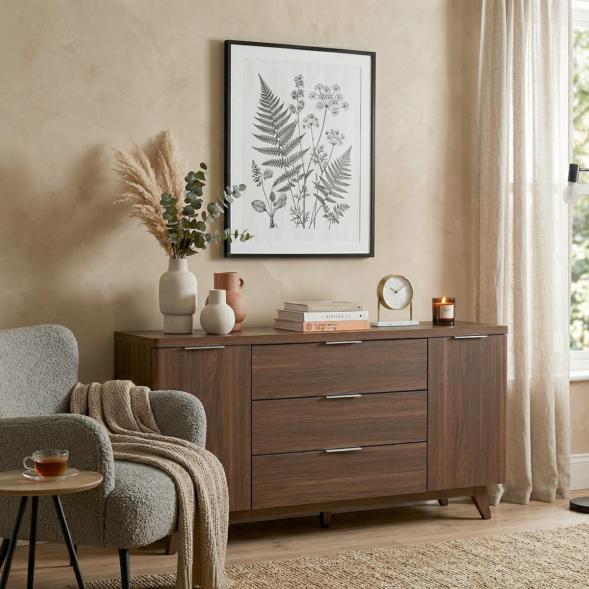 SIDEBOARD  160/77/39 cm 3 Schublade(n)  - Walnussfarben/Alufarben, KONVENTIONELL, Holzwerkstoff/Metall (160/77/39cm) - MID.YOU