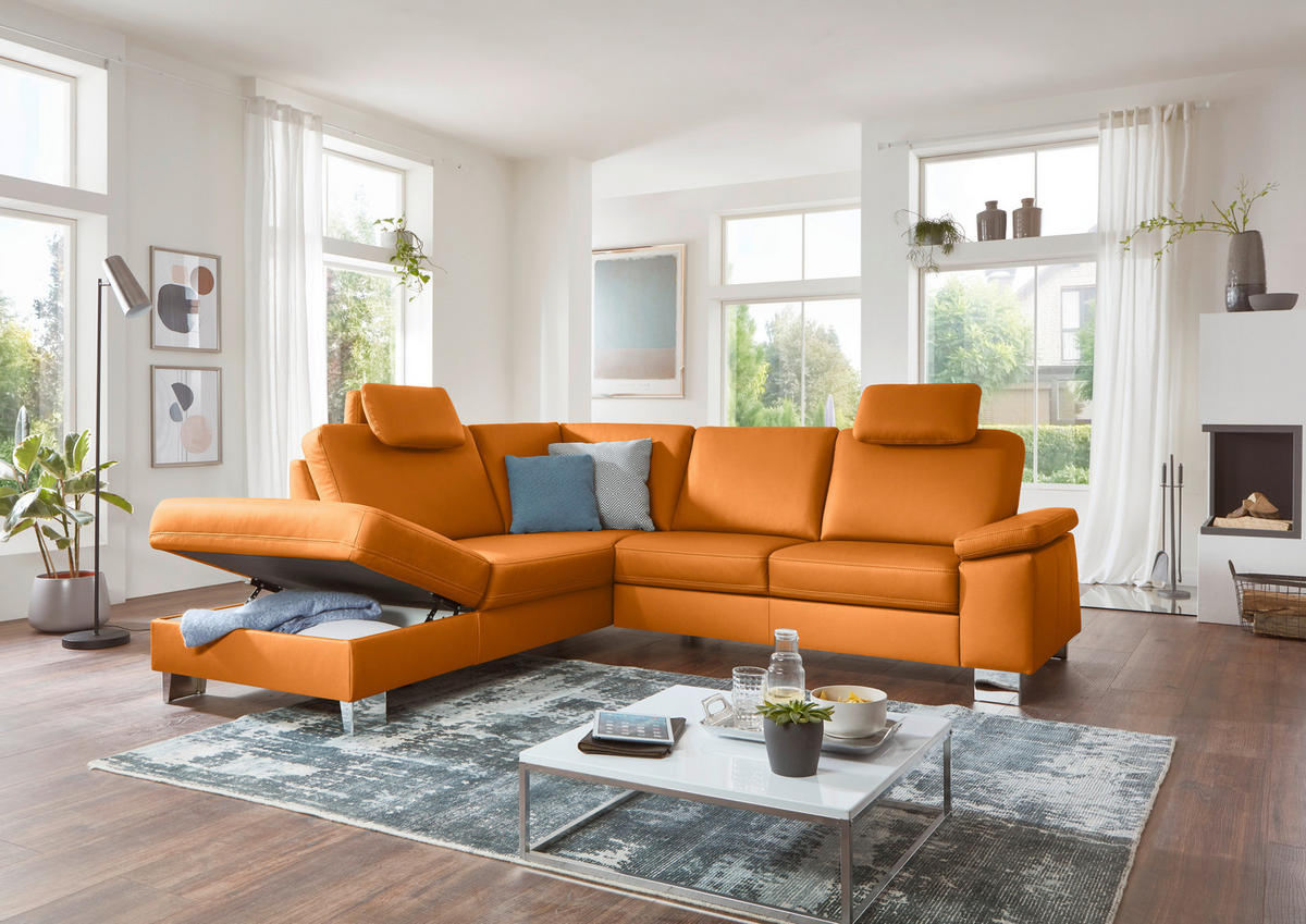 ECKSOFA  in Echtleder Currygelb  235/248 cm  - Currygelb/Alufarben, Design, Leder/Metall (235/248cm) - Beldomo Premium