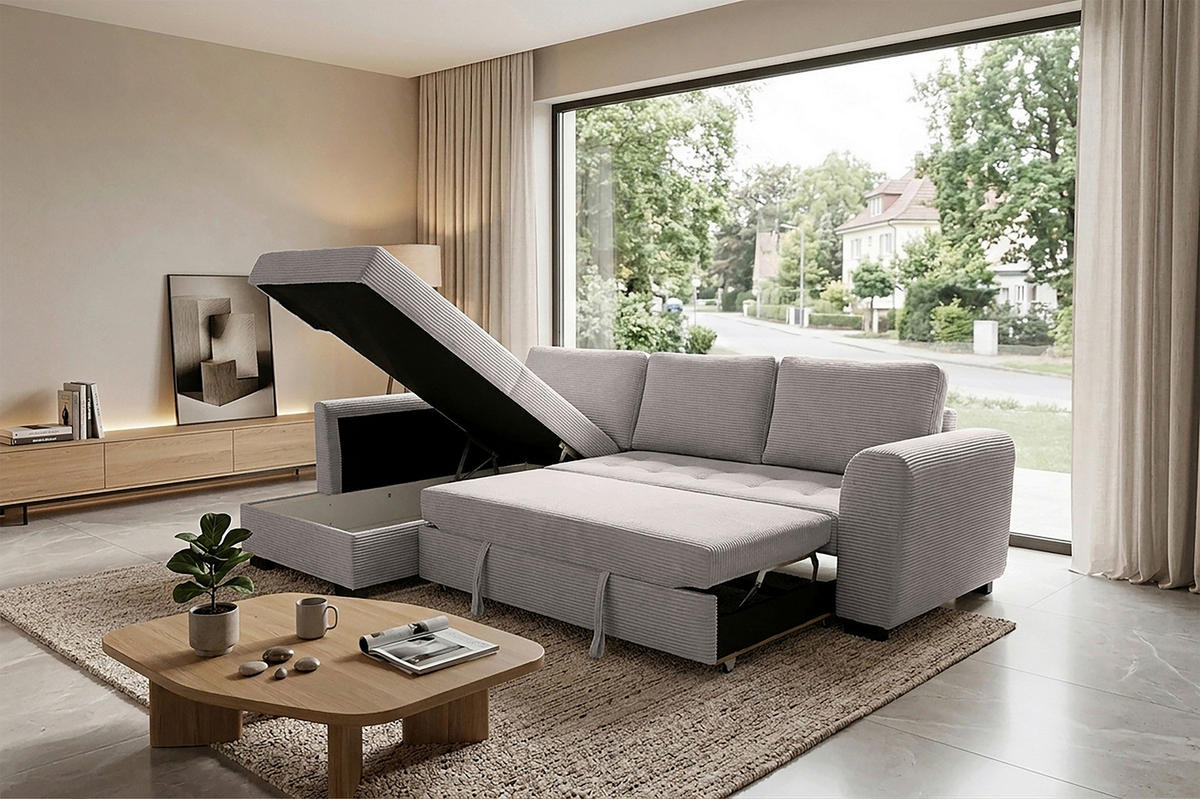 ECKSOFA JOHN Graubraun Cord Rückenkissen, Bettkasten, Liegefläche im Originalstoff  - Graubraun/Schwarz, Trend, Kunststoff/Textil (178/239cm) - P & B