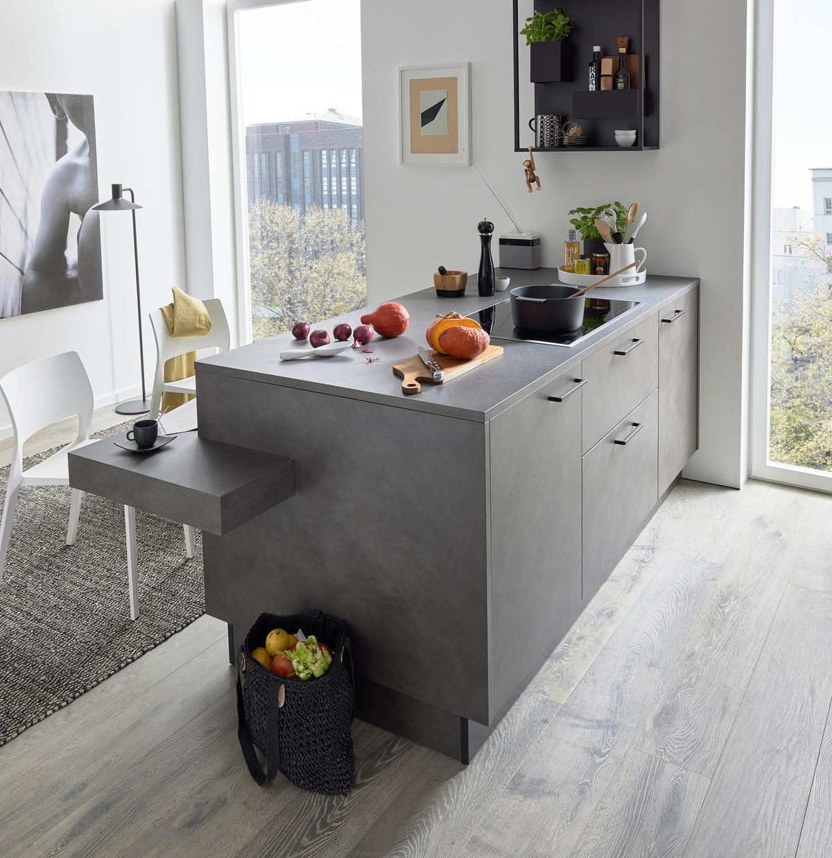 EINBAUKÜCHE DK411  - Weiß Hochglanz/Grau, Design, Holzwerkstoff - Dieter Knoll