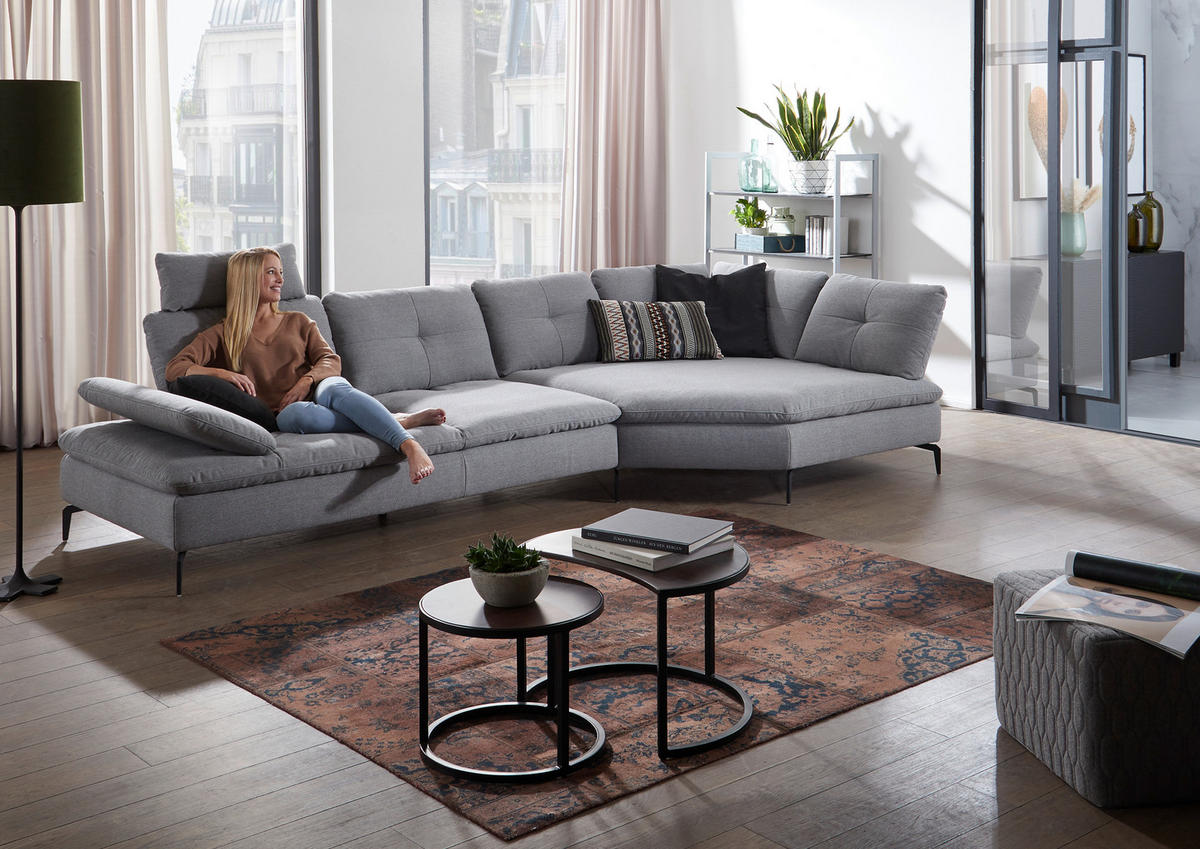 ECKSOFA in Flachgewebe Hellgrau  - Hellgrau/Schwarz, Design, Textil/Metall (344/159cm) - Chilliano