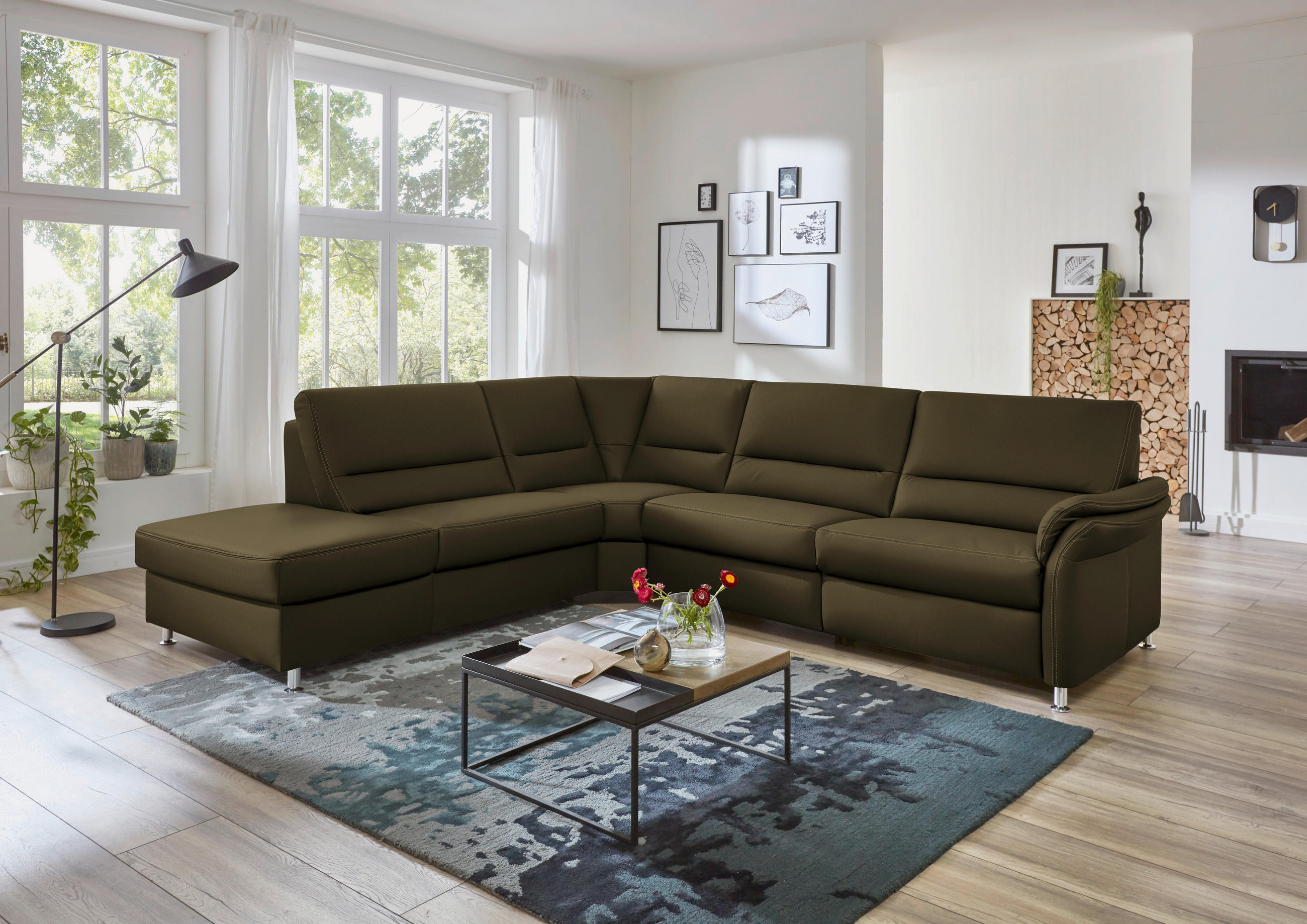 ECKSOFA in Echtleder Grün  - Beige/Alufarben, Design, Leder/Metall (249/288cm) - Beldomo Premium