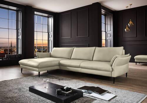 ECKSOFA Creme Echtleder  - Creme/Schwarz, Design, Leder/Metall (172/334cm) - Hukla