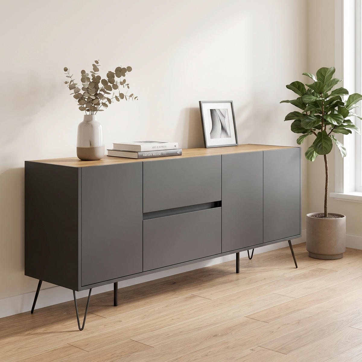 SIDEBOARD Posseik Industrial 177/75,8/42 cm 2 Schublade(n)  - Eichefarben/Graphitfarben, Design, Holzwerkstoff/Metall (177/75,8/42cm) - MID.YOU