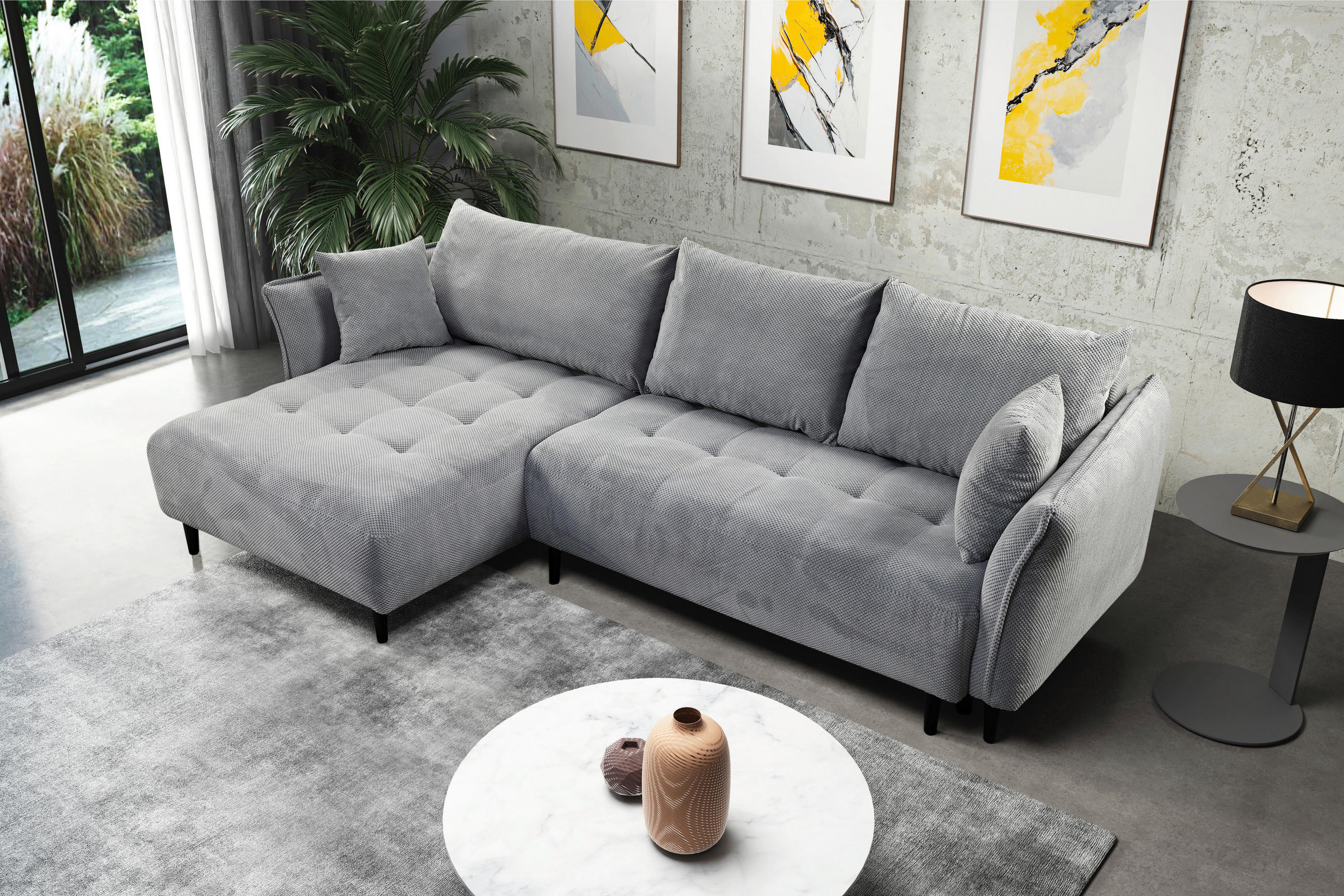 ECKSOFA in Chenille Hellgrau  - Hellgrau/Schwarz, Konventionell, Holz/Textil (160/290cm) - MID.YOU