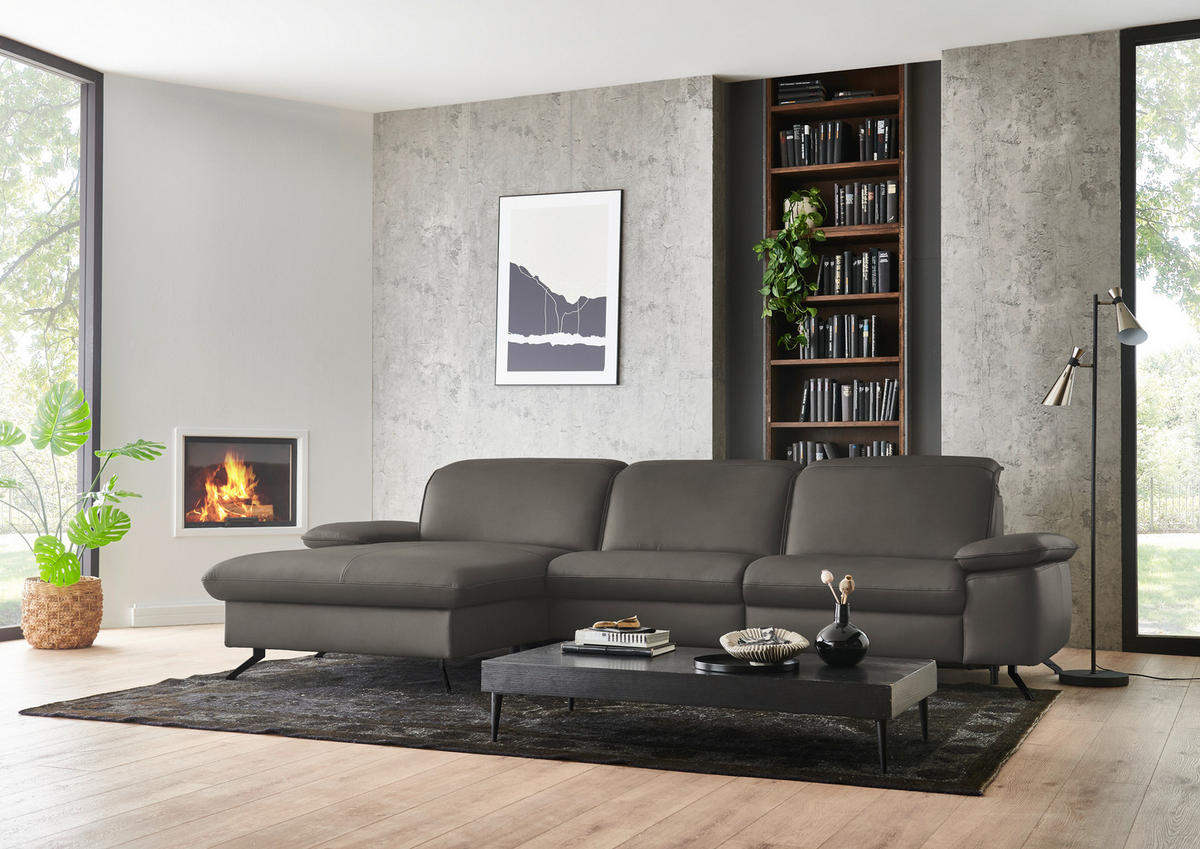 ECKSOFA  Echtleder Taupe  - Taupe/Schwarz, Design, Leder/Metall (169/307cm) - Beldomo Premium
