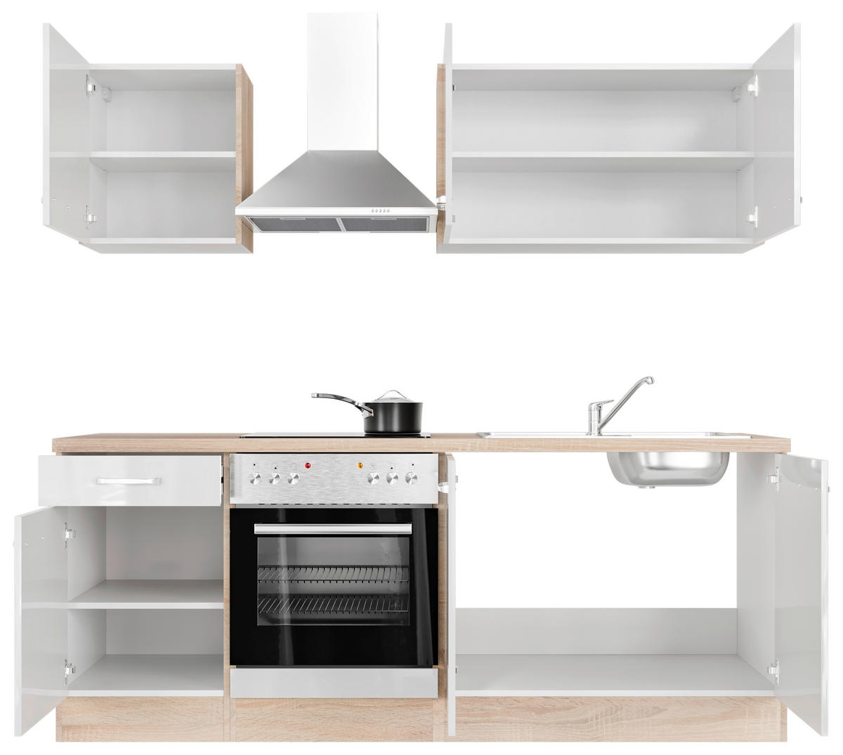 KÜCHENBLOCK 210 cm   in Sonoma Eiche, Weiß Hochglanz  - Edelstahlfarben/Weiß Hochglanz, MODERN, Holzwerkstoff/Metall (210cm) - FlexWell