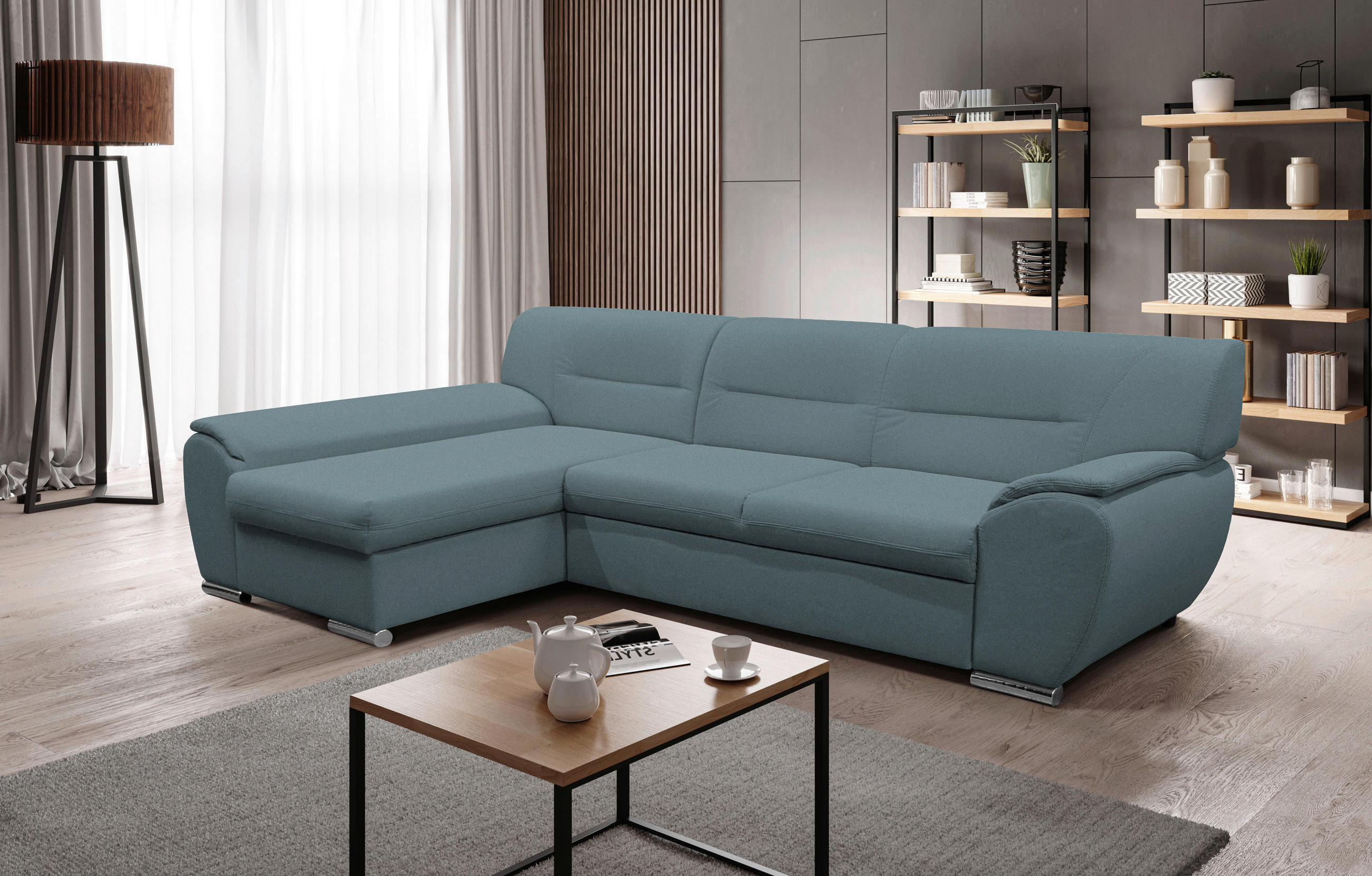 Thumbnail - Mid.you Ecksofa, Blau, Textil, 3-Sitzer, Ottomane links, L-Form, 281x167 cm, Made in EU, Stoffauswahl, seitenverkehrt er...