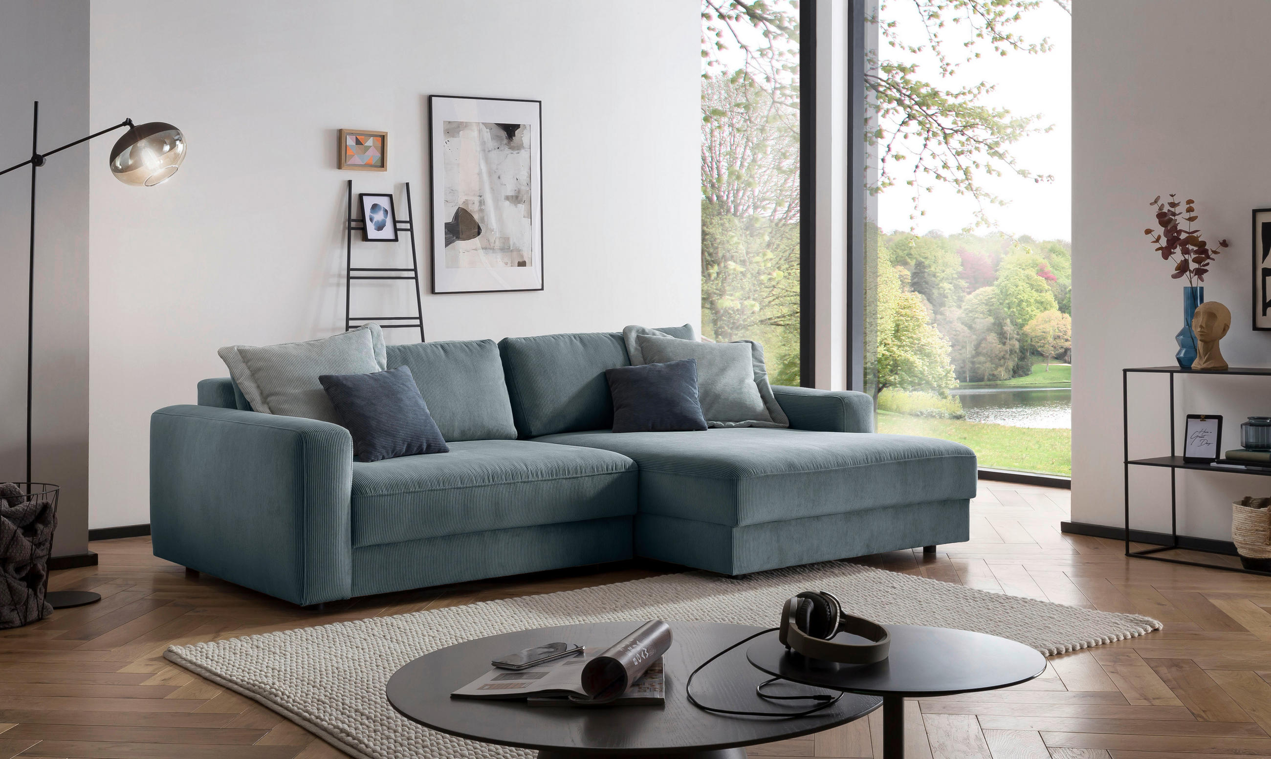 ECKSOFA Blaugrau Cord  - Blaugrau/Schwarz, MODERN, Textil (250/176cm) - MID.YOU